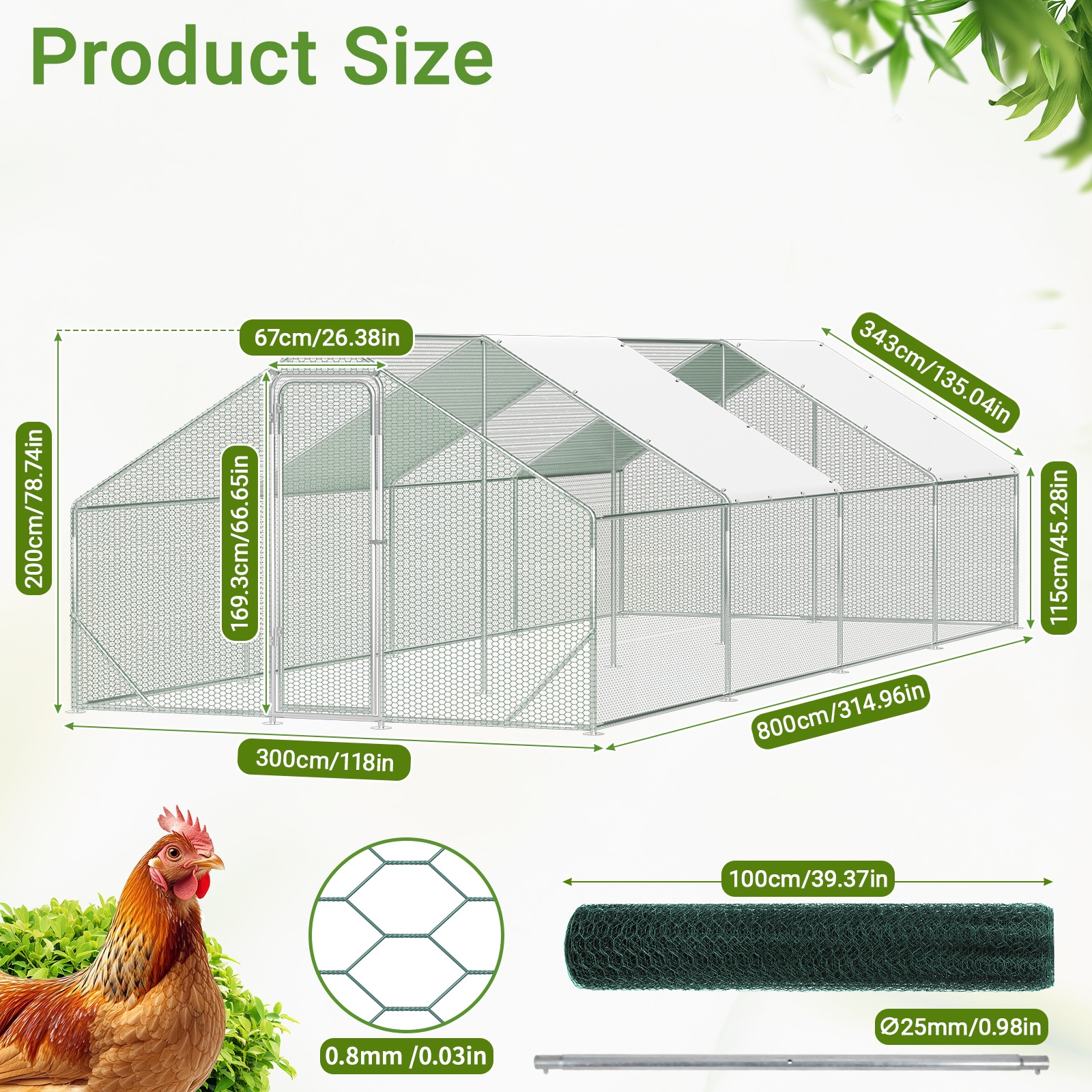 Image of 3 X 8 X 2m Sloped Roof, Galvanized Steel Chicken Coop For Small Animals, Chicken Coop House, Chicken Coop Roof, Chicken Coop With Sunshade And Door For For