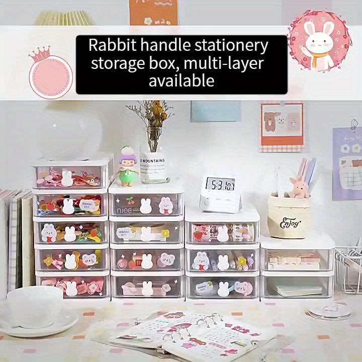 Kawaii Desktop Storage Box With Rabbit Handle Multi-layer Makeup