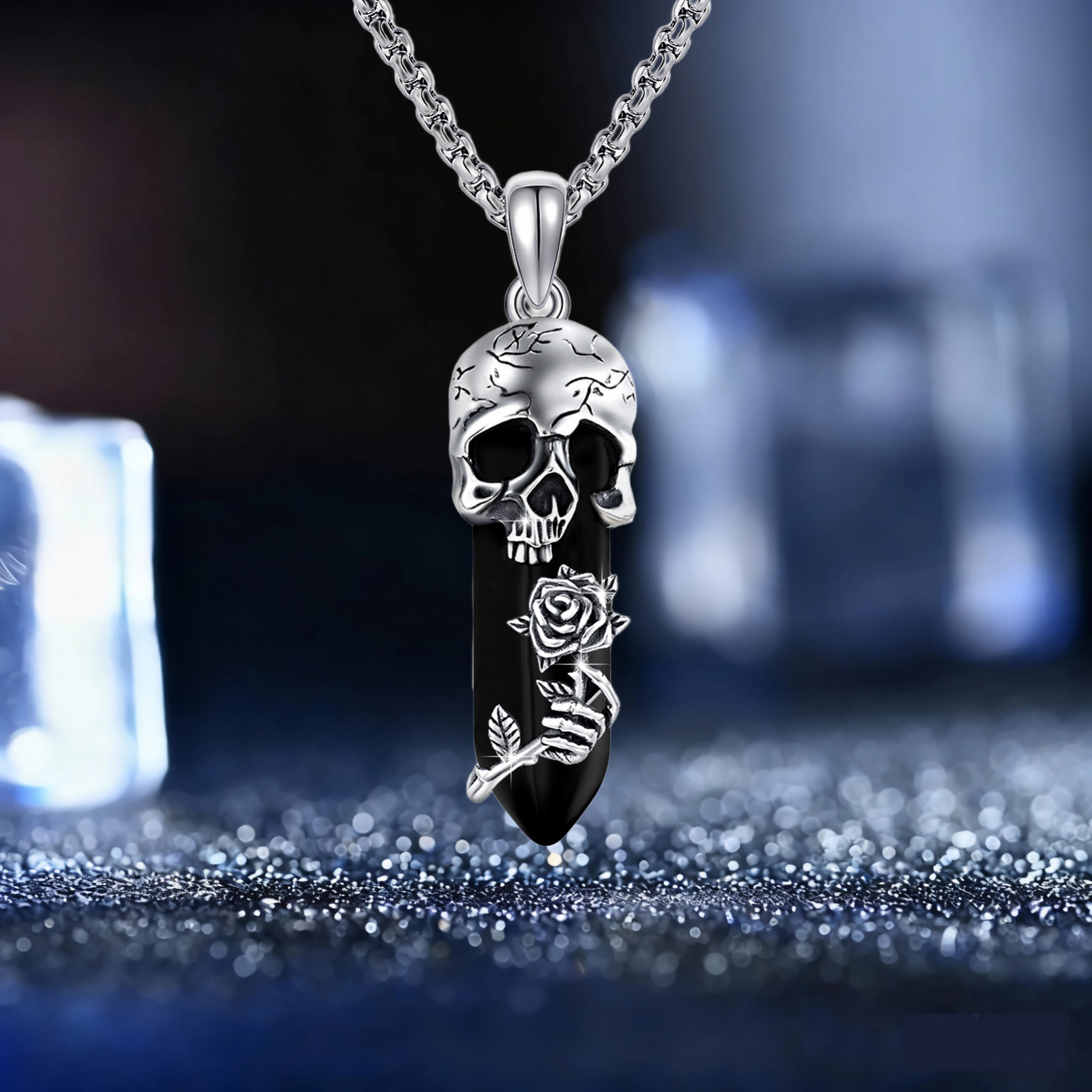 925 Sterling Silvery Skull Pendant Necklace Vintage Gothic Style And Rose Elements Series With Synthetic Red Birthday Gift For Retro Fashion