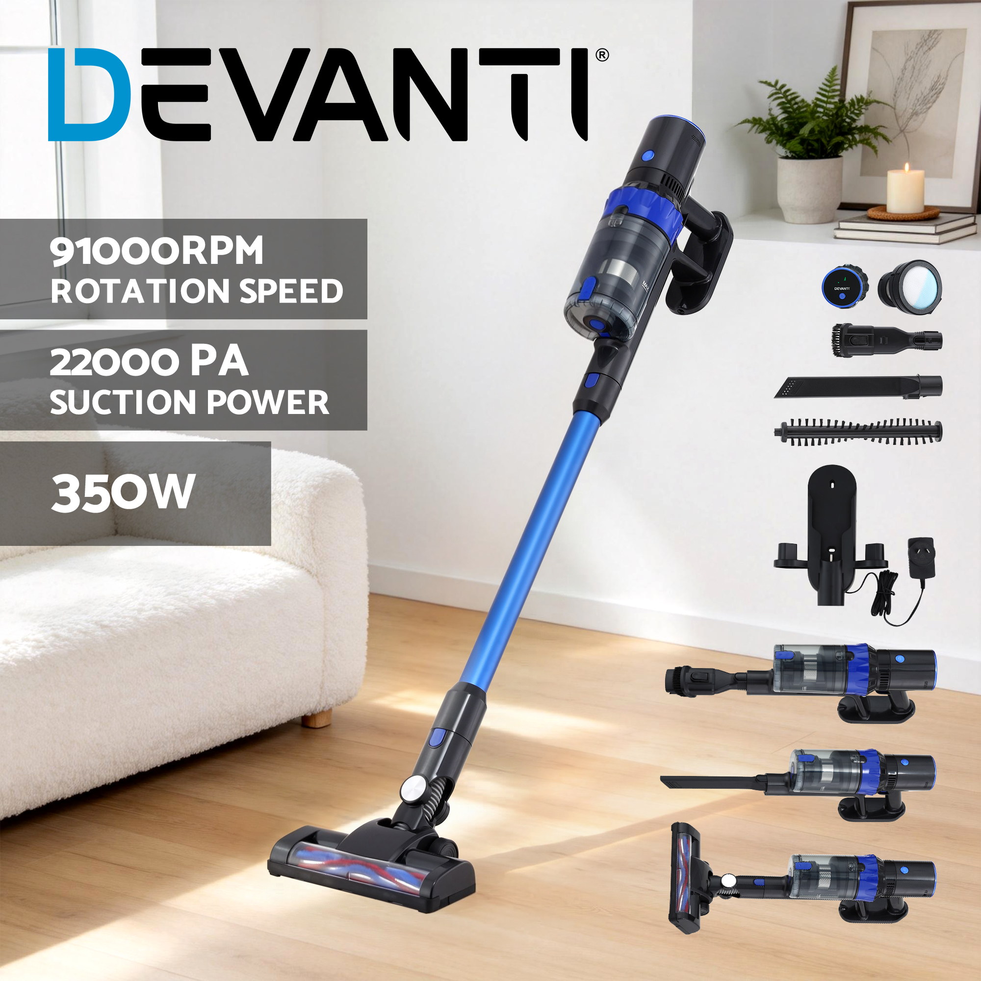 TEMU Devanti Stick Vacuum Cleaner Brushless Cordless 350w Blue