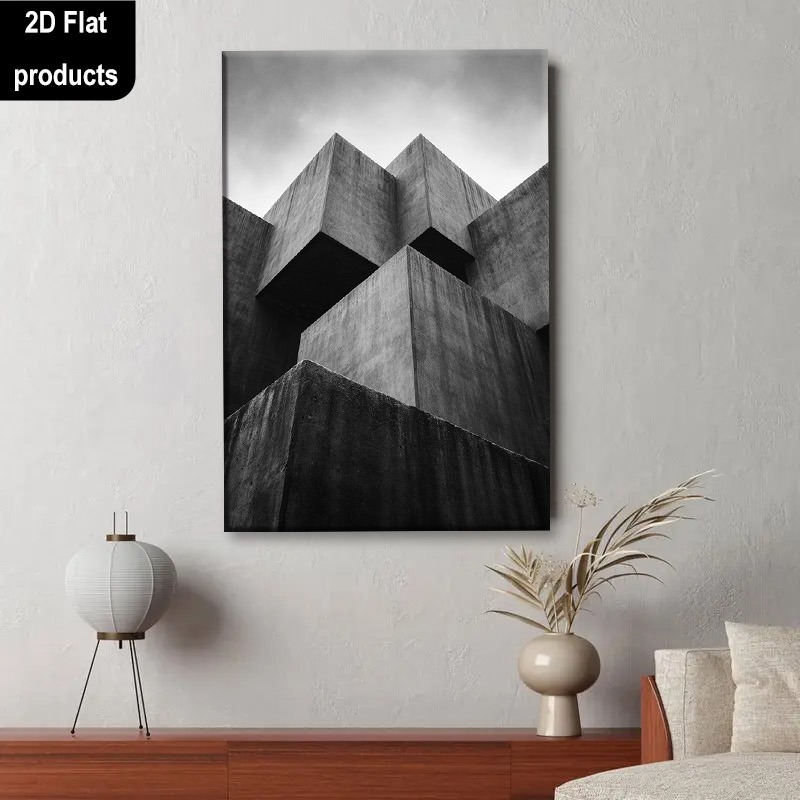 2D Flat, Large Vertical Black and White   Block Wall Art - Abstract Concrete Architecture Print Frameless Canvas Poster Suitable for Living Room, Modern Minimalist Hook-Mounted Decor, Large Panel for Narrow Spaces, Home Decoration, 2D Flat