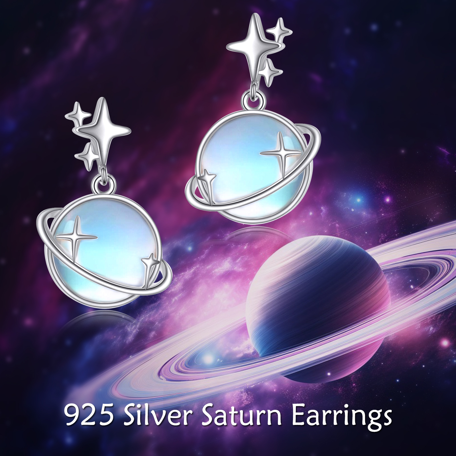 Women's Saturn Planet Moonstone Dangle Drop Earrings