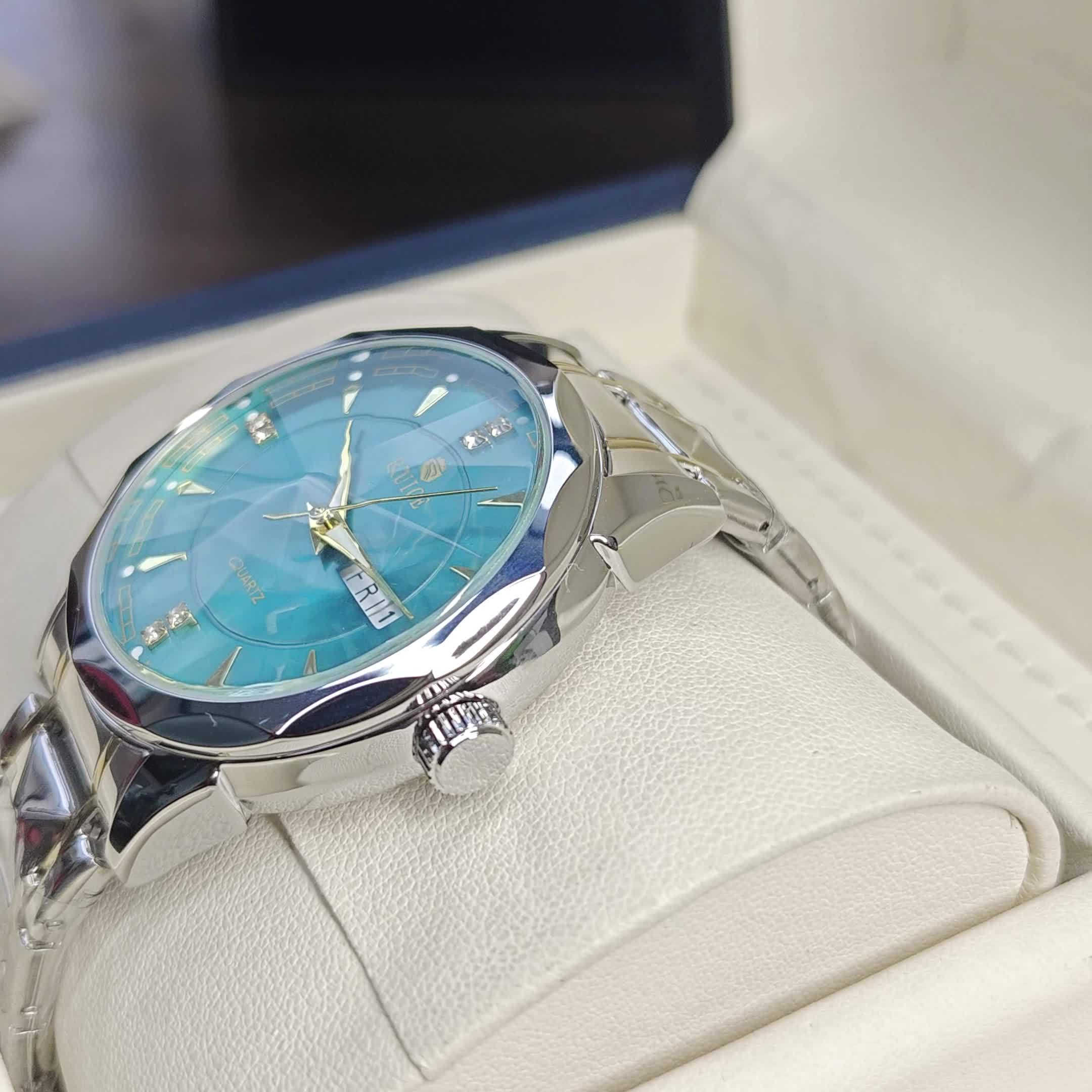 RUIGE Men's Quartz Watch with Night Light, Dual Calendar, Diamond-Shaped Mirror, Stainless Steel Case, Alloy Strap, Multiple Colors