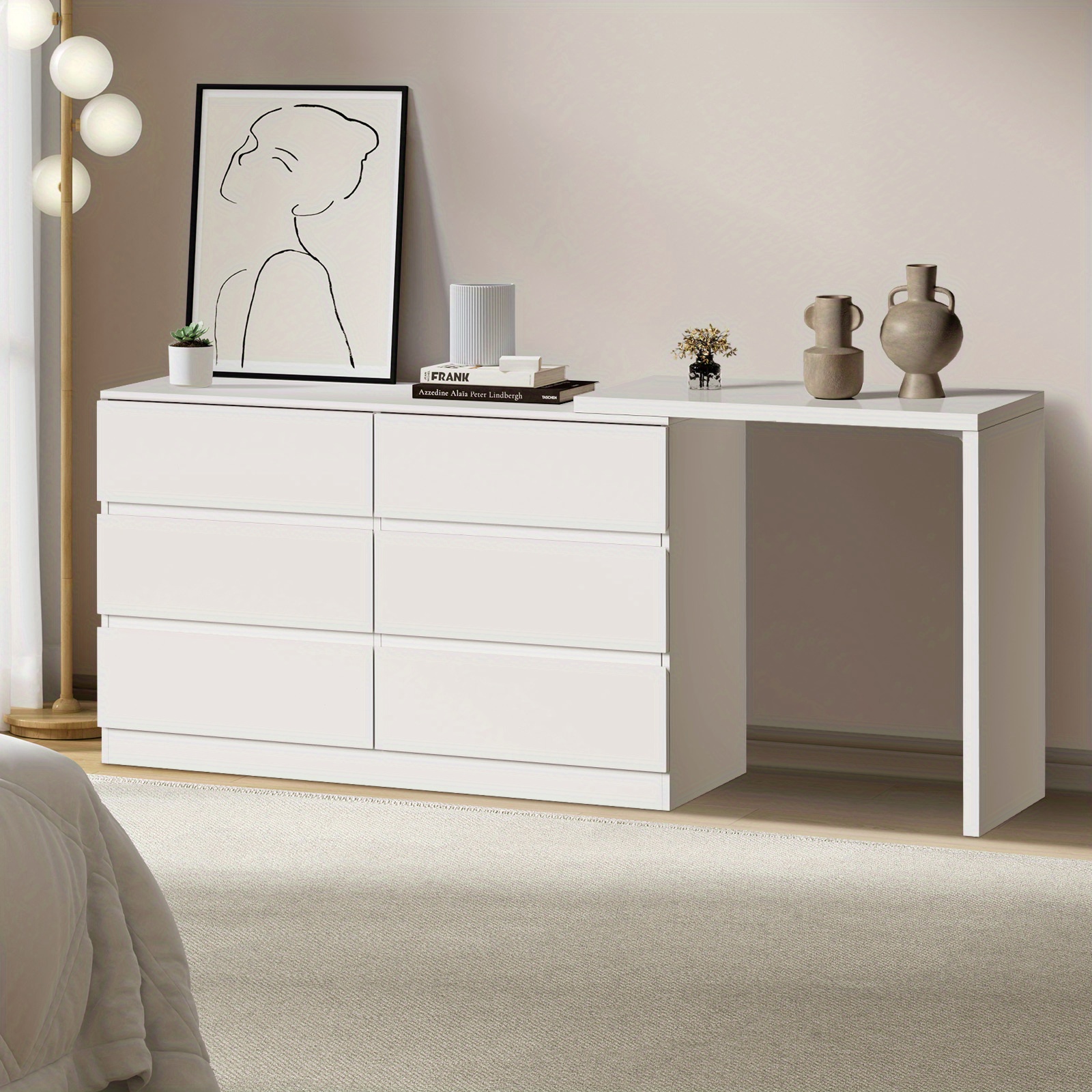 TEMU 6 Chest Of Drawers Dresser With Side Table Storage Tallboy, Dresser, Dresser For Bedroom White, Wood Dresser, Spacesaving Storage, Bedroom