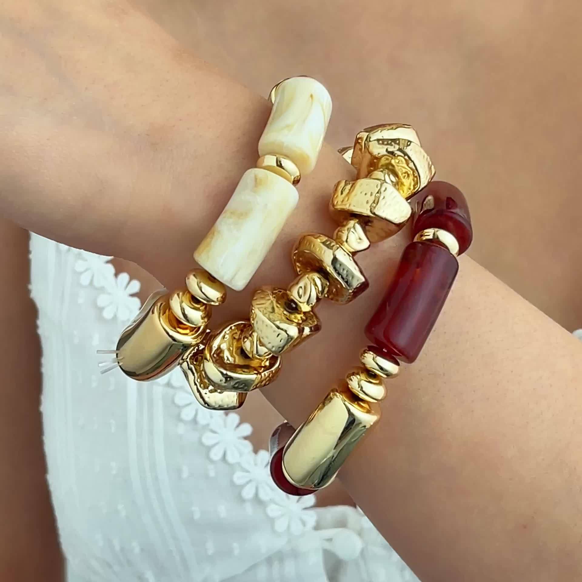3pcs Fashionable Retro Multi-Layer Brown Acrylic Beaded Bracelet Set