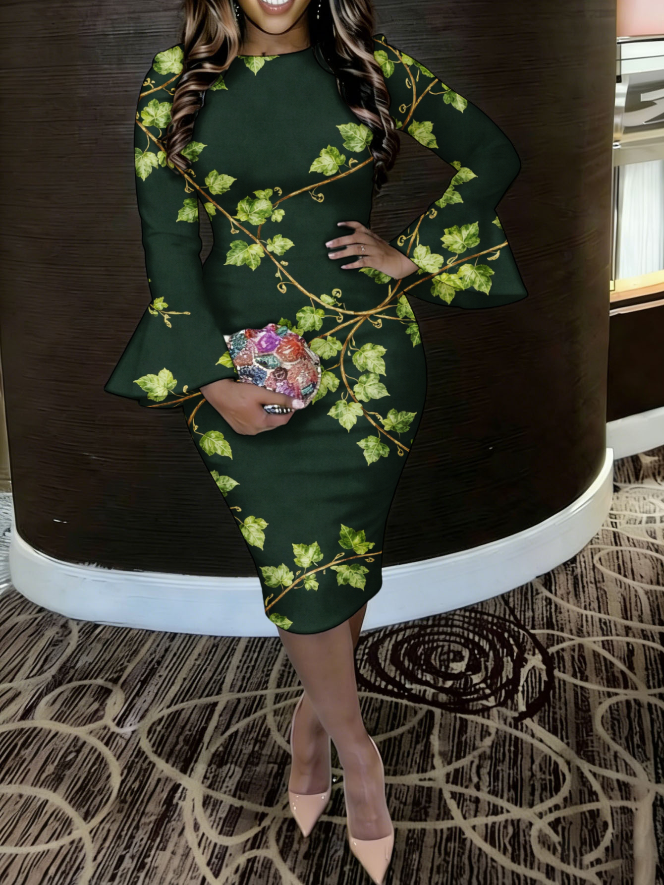 dark green dress wedding guest sold on Temu United States