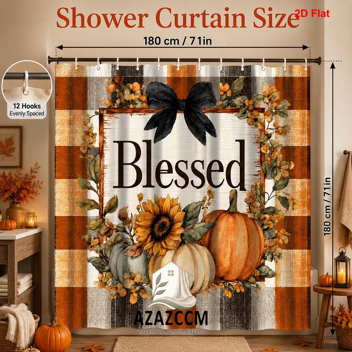 TEMU 2d Flat, 2d Flat, 1pc 2d Curtain 71x71 Inches Polyester With 12 Hooks Farmhouse Autumn Pumpkin Sunflower Floral Bow Rustic Printed