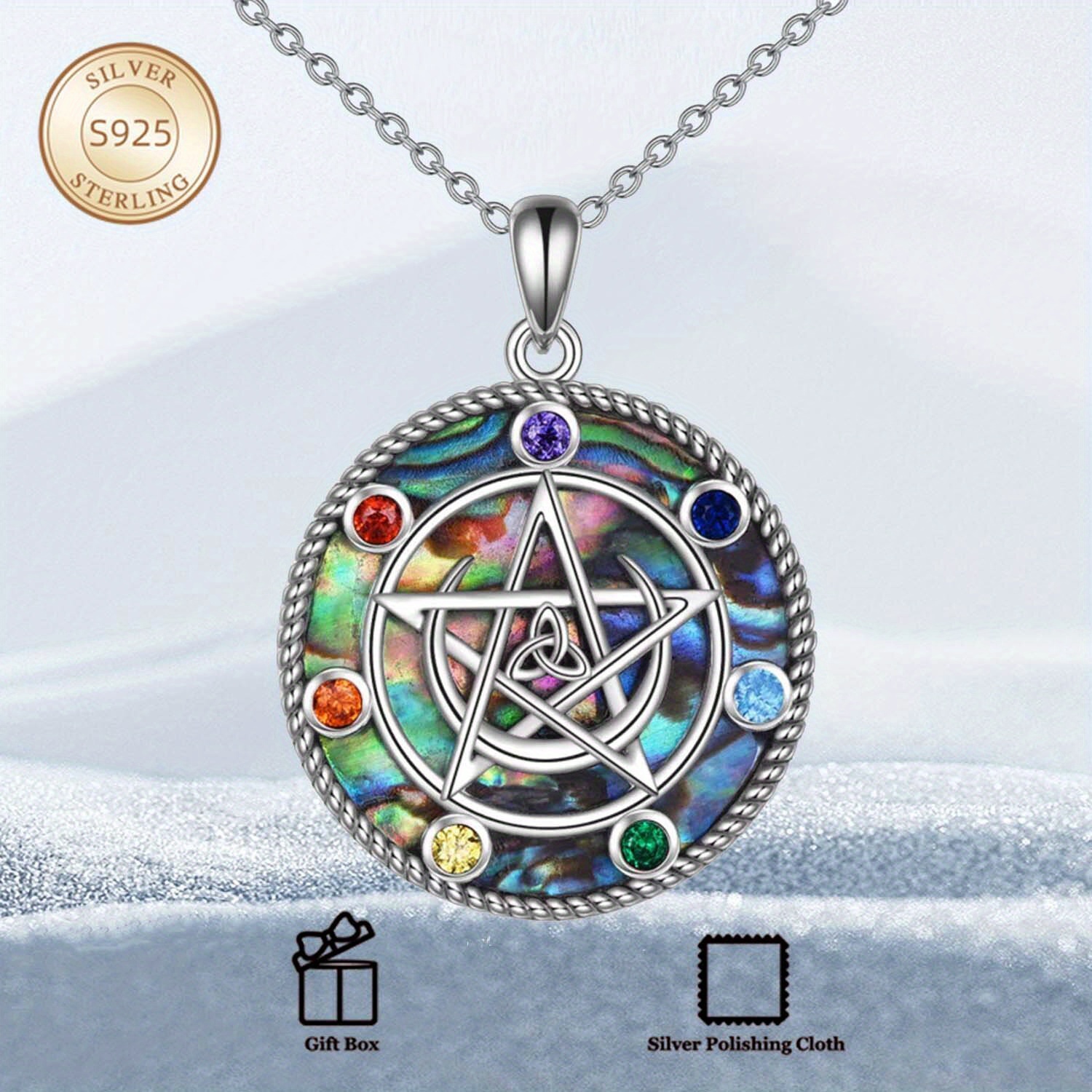 Image of 925 Sterling Silvery Pendant Necklace Star Wiccan Jewelry Gift For Men And Women ( Abalone Shell Necklace)