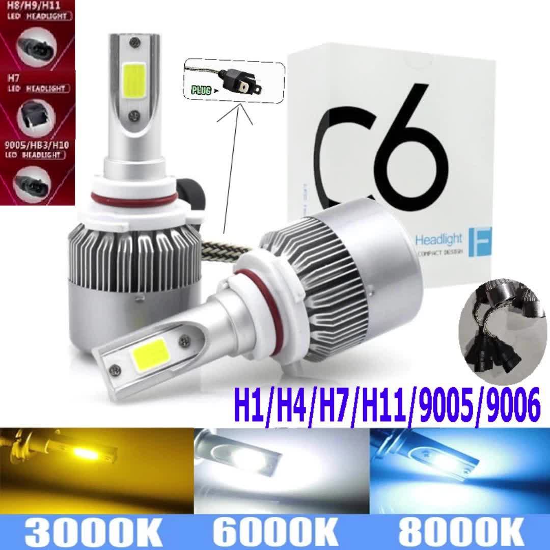 Farfi 2Pcs C6 H1/H4/H7 Car LED Headlight Bulb 6000K Super Bright Light  Driving Lamp 