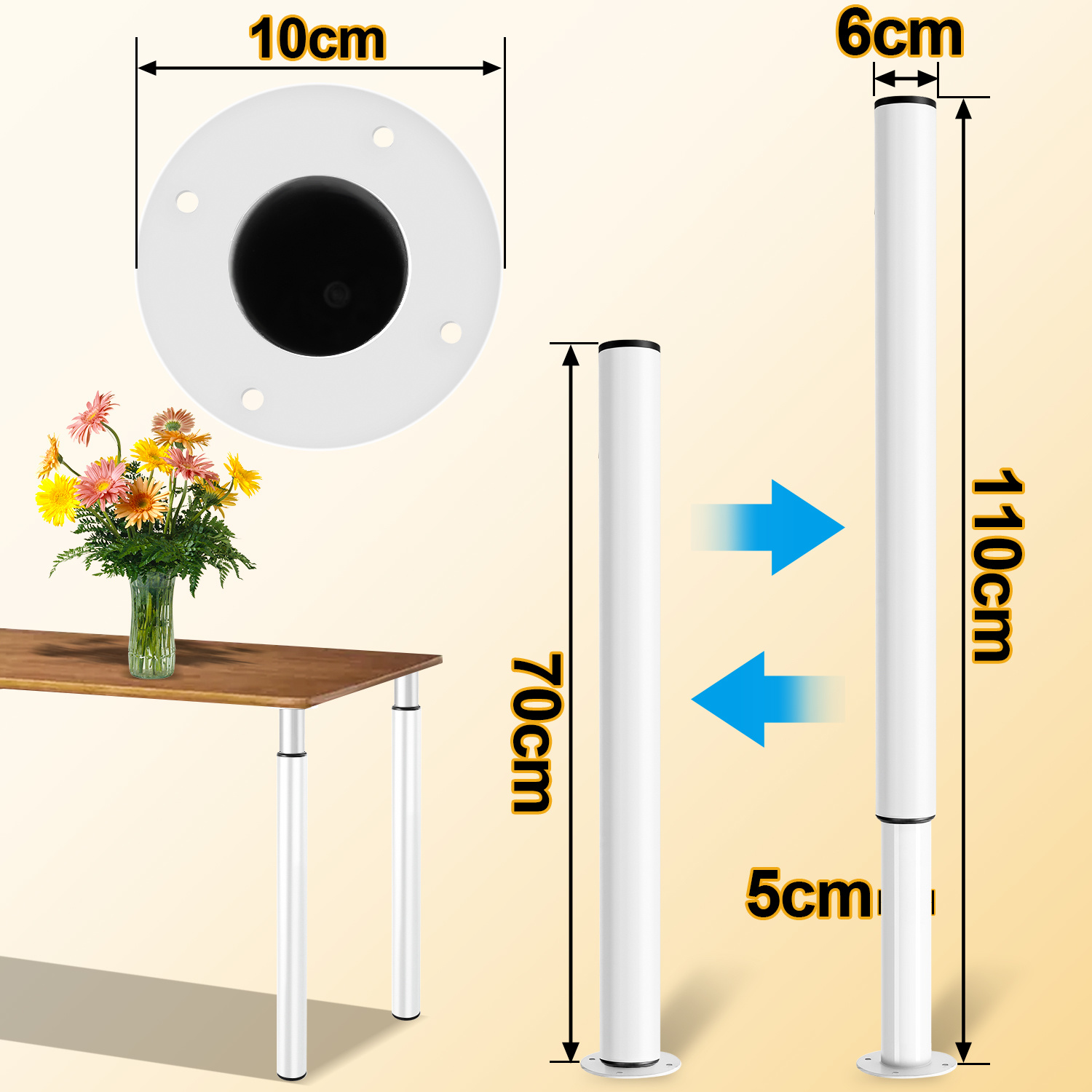 Set Of 4 Adjustable Metal Table Legs (70-110 Cm), Steel Furniture Legs, Weight Capacity 200 Kg, Includes 16 Screws, Suitable For Furniture, Sofa Beds, Nightstands, And Wardrobes