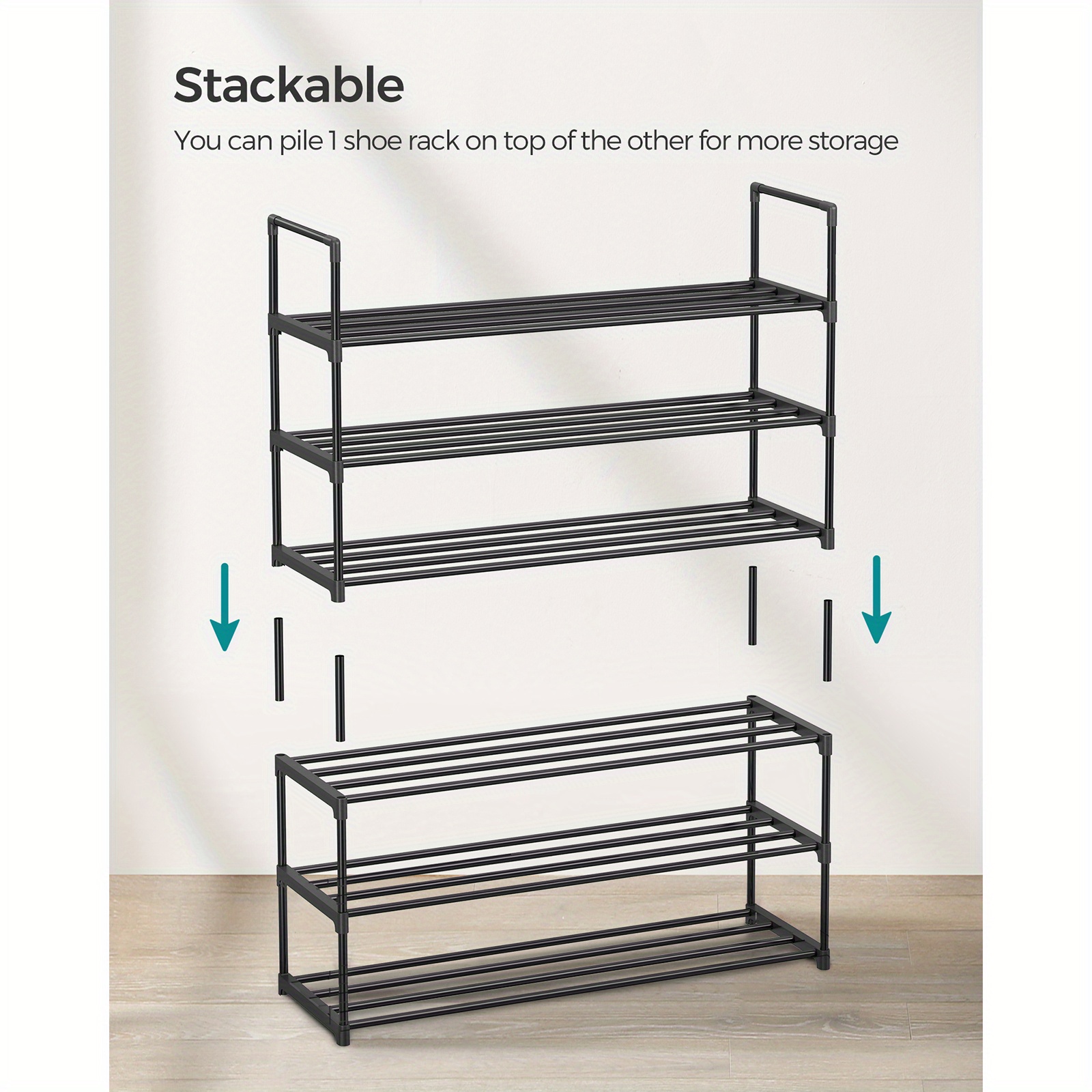 TEMU Songmics Stackable Black Metal Shoe Rack - 3-tier Organizer For 15 Pairs, Easy Assembly, Space-saving Design, No Tools Required - Ideal For