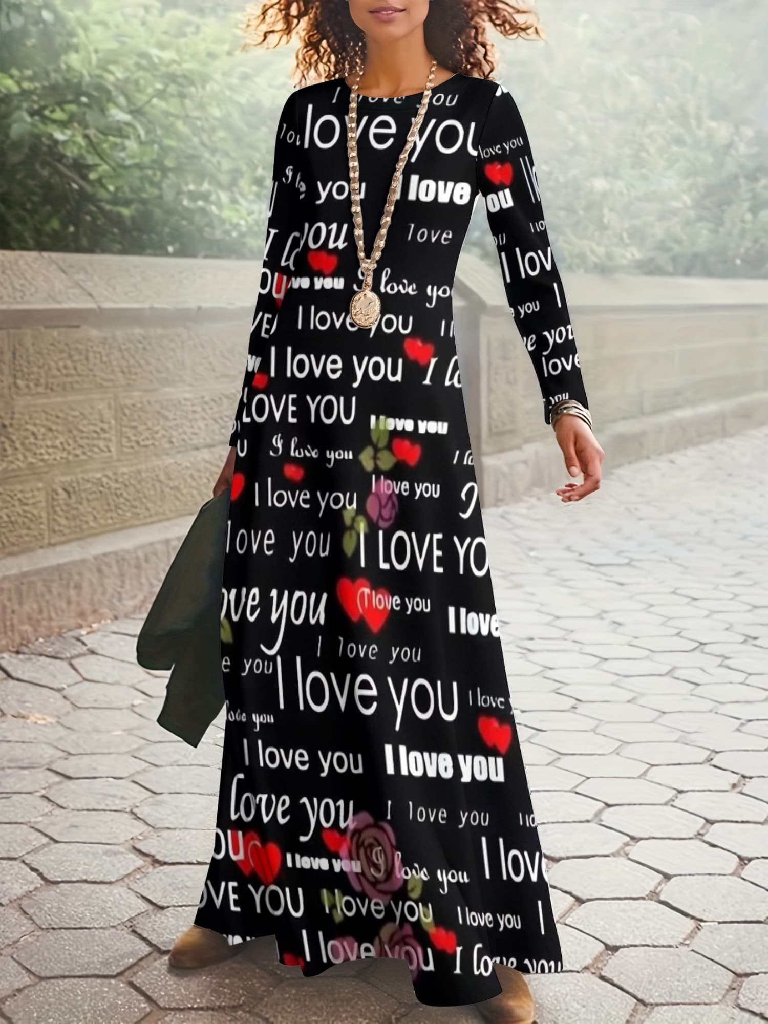 Plus Size, Women's Plus Size Valentine's Day Dress - Elegant Full-* Print  Maxi Dress with Long Sleeve Round Neck -Length Skirt, Romantic Date