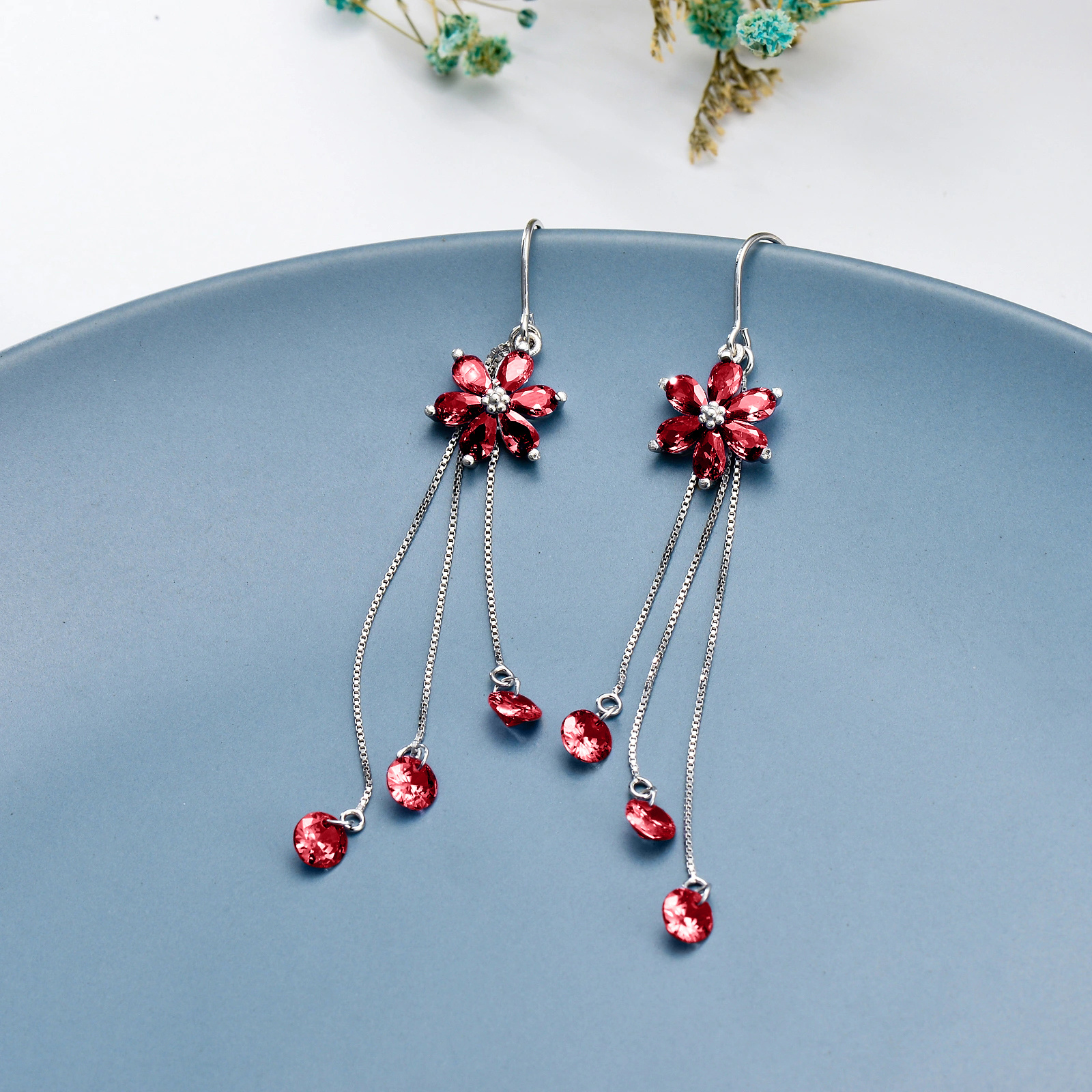 Red Flower Earrings 925 Sterling Silvery Threader Earrings Drop Earrings For Women Birthday Gift