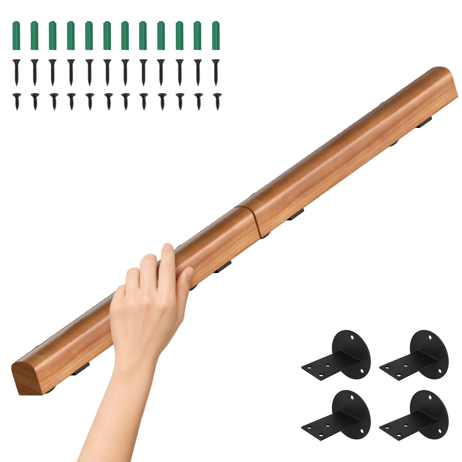 Image of Pine Wood Handrail, Stair Railing, 60-200cm, Stair Railing, Wall-mounted Handrail For Stairs, Side-mounted, Includes Wall Brackets And Fixing Materials, For Indoor Use, Semi-circular, Wood