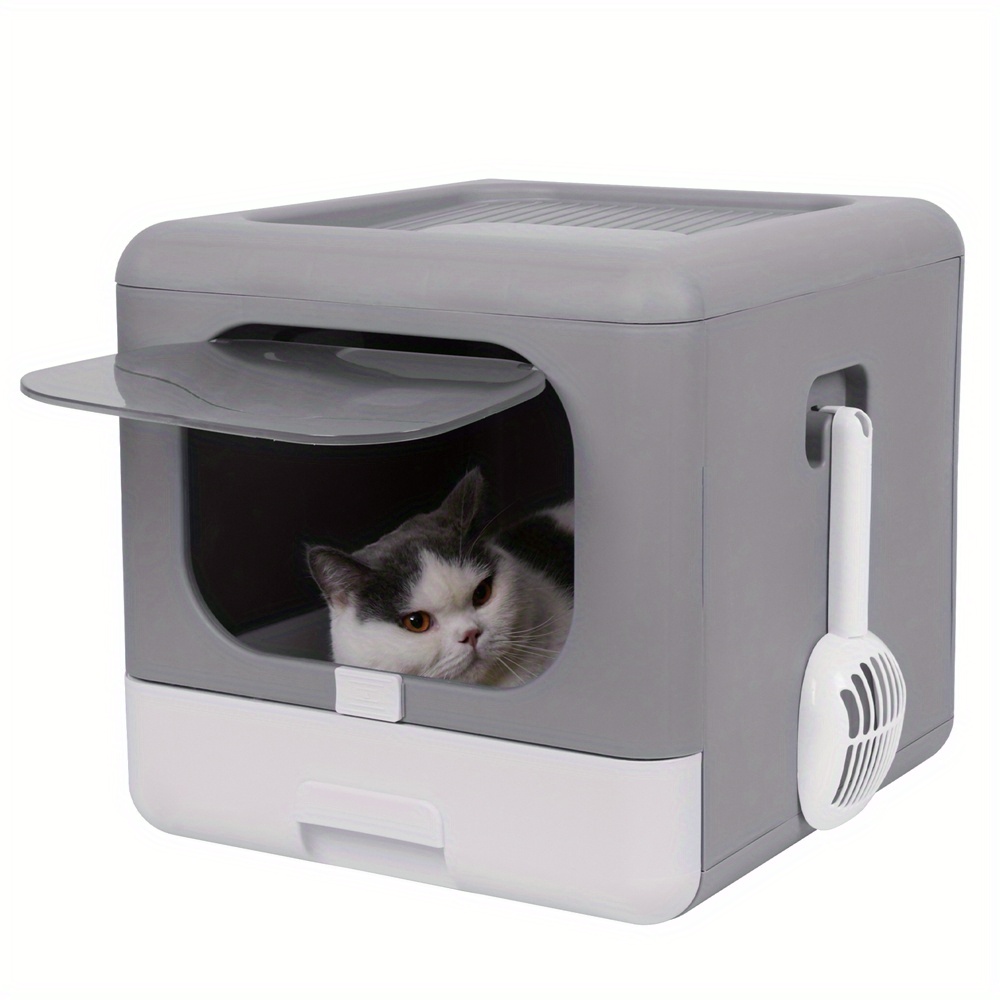 Cat Litter Pp Foldable Top Entry Large Cats Toilet With Lid Hooded Kitten Litter Tray Drawer Design With Scoop