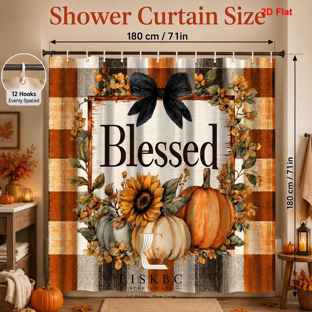 TEMU 2d Flat, 2d Flat, 1pc 2d Flat Bathroom Shower Curtain With Hooks Included 180x180cm Blessed Sunflower Pumpkin Farmhouse Bathroom Decor Curtain
