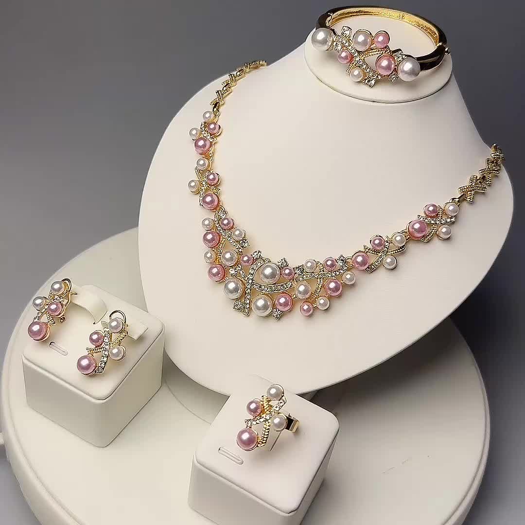 Elegant Pink & White Jewellery Set, Necklace, Bracelet, Earrings, Ring