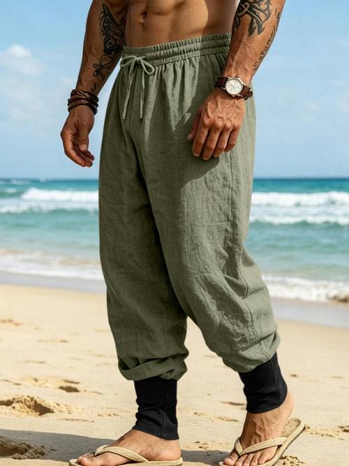mens breathable beach commuting pants blocking loose cuff jogging drawstring trousers