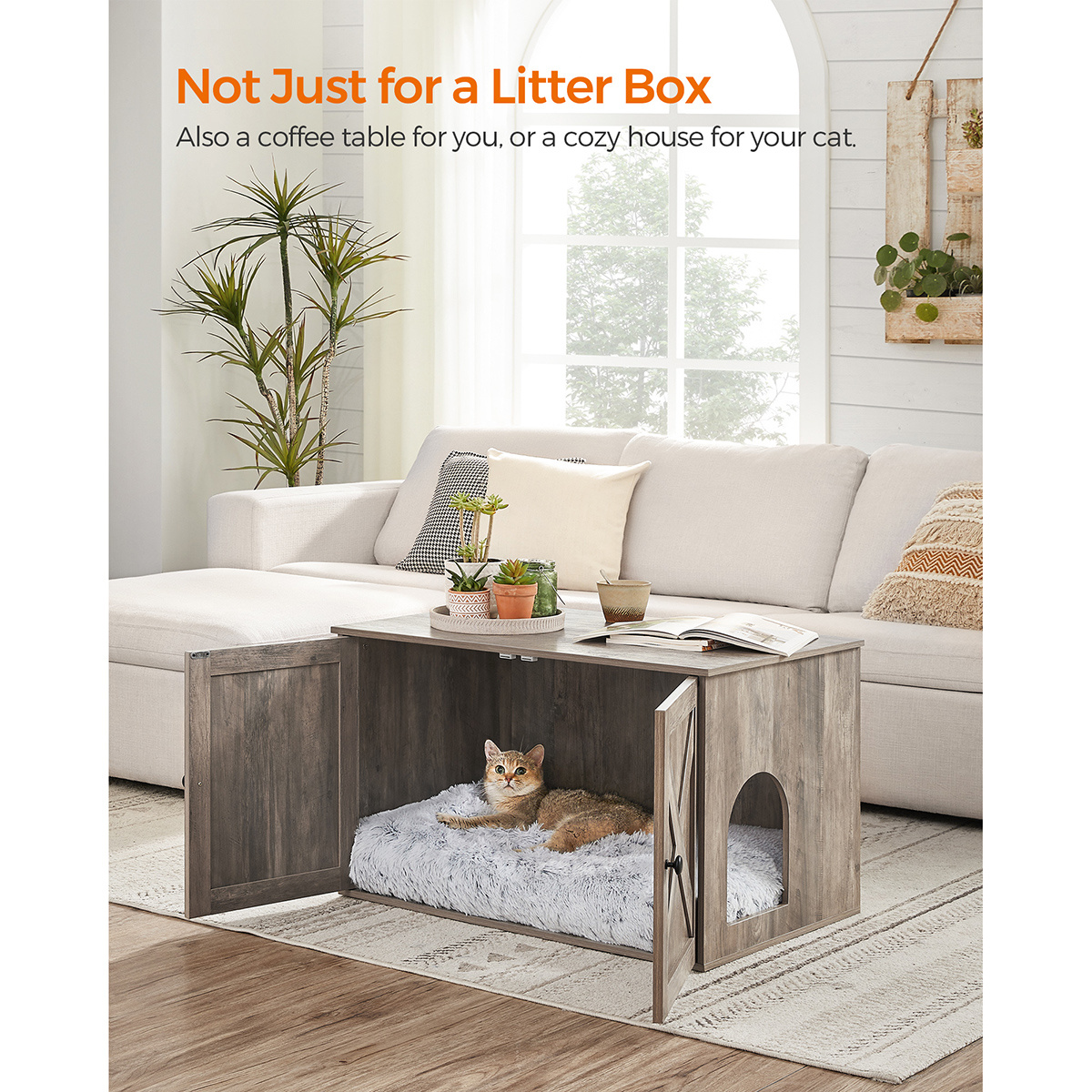 TEMU FEANDREA Cage de litière pour chat cachée - Table d'extrémité en fibre de bois intérieure avec maison confortable pour chats, table basse pour