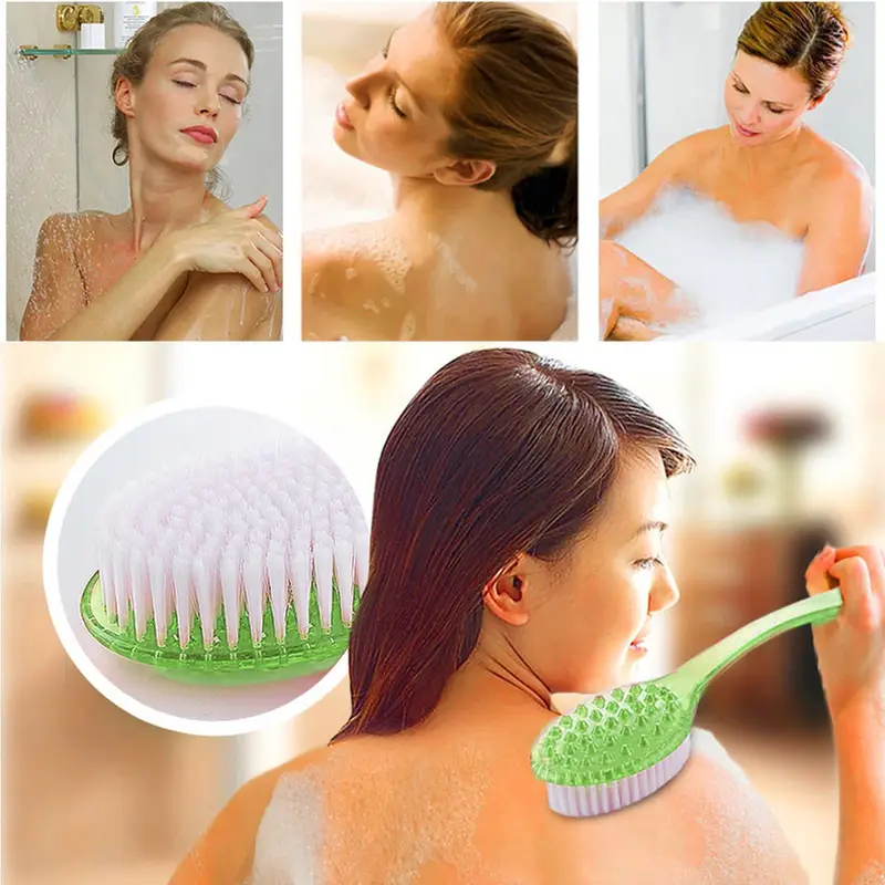 1pc long handle bath shower brush with exfoliating bristles green ergonomic body massager durable bristles for deep cleansing light beige scrub shower bath use manual operation no electricity bathroom kitchen Product details 3