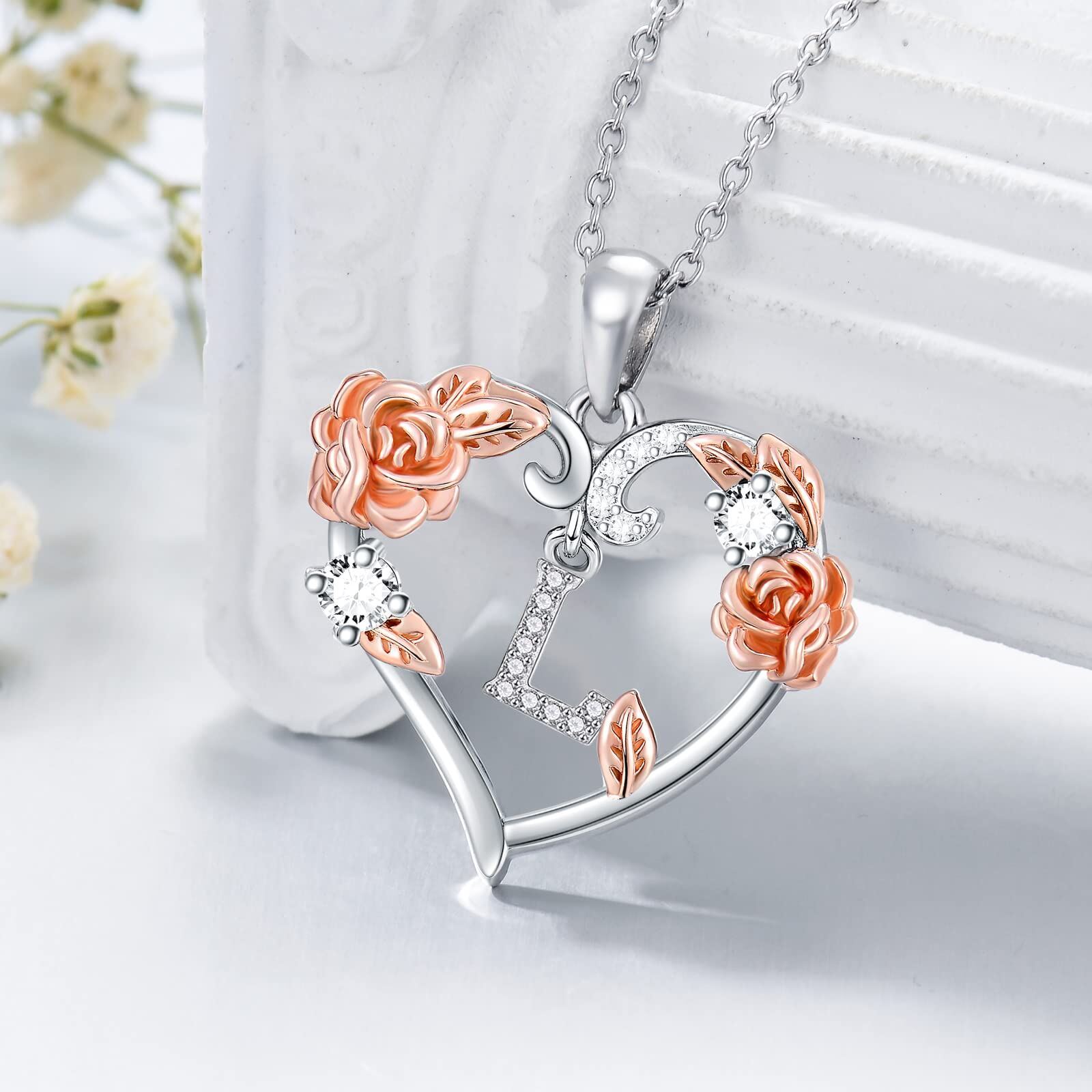 Women's 925 Silver Rose Heart Initial Pendant Necklace