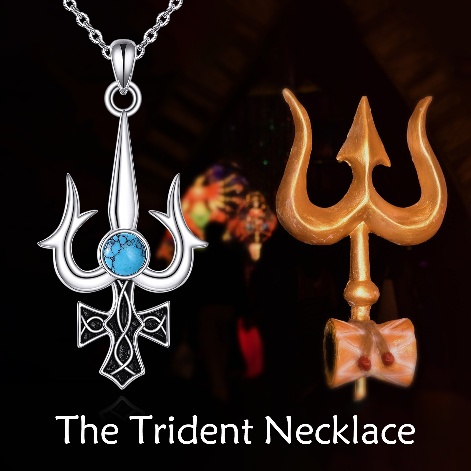 925 Silver Trident Pendant with Turquoise, Bohemian Style