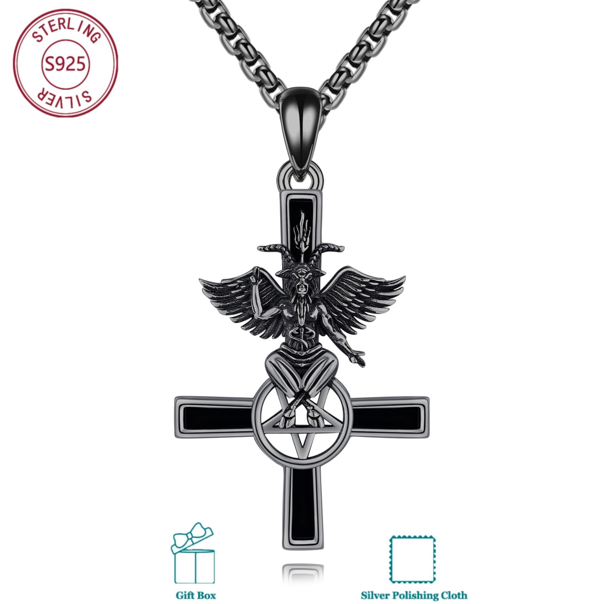Image of 925 Sterling Silvery Baphomet Necklace, Dark Goat God Symbol, Gun Black Plated, Ideal For Halloween & Daily