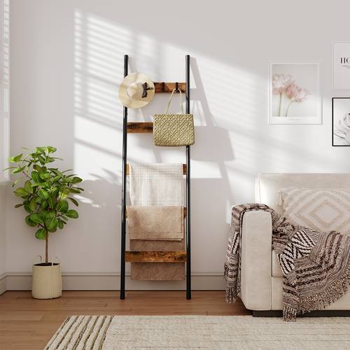 5 tier wall blanket rack blanket ladder towel rack with hooks decorative display ladder shelf towel ladder for scarves bedroom industrial rustic brown and black