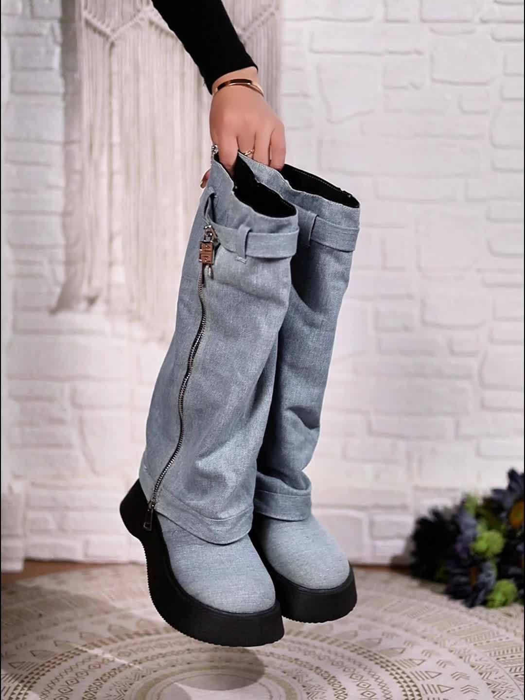 Women's Platform Denim Boots Fashion Side Zipper Calf - Temu Australia
