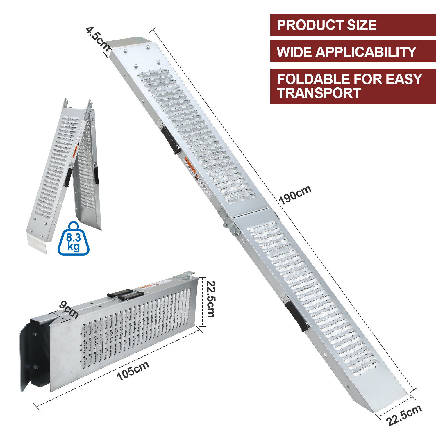 2x Loading Ramps, Foldable Car And Bike Ramp, 400kg Max, Foldable Ramp For Trailers, Motorcycles, Lawn Mowers, And Lawn Tractors, 190 X 22.5 X 4.5cm