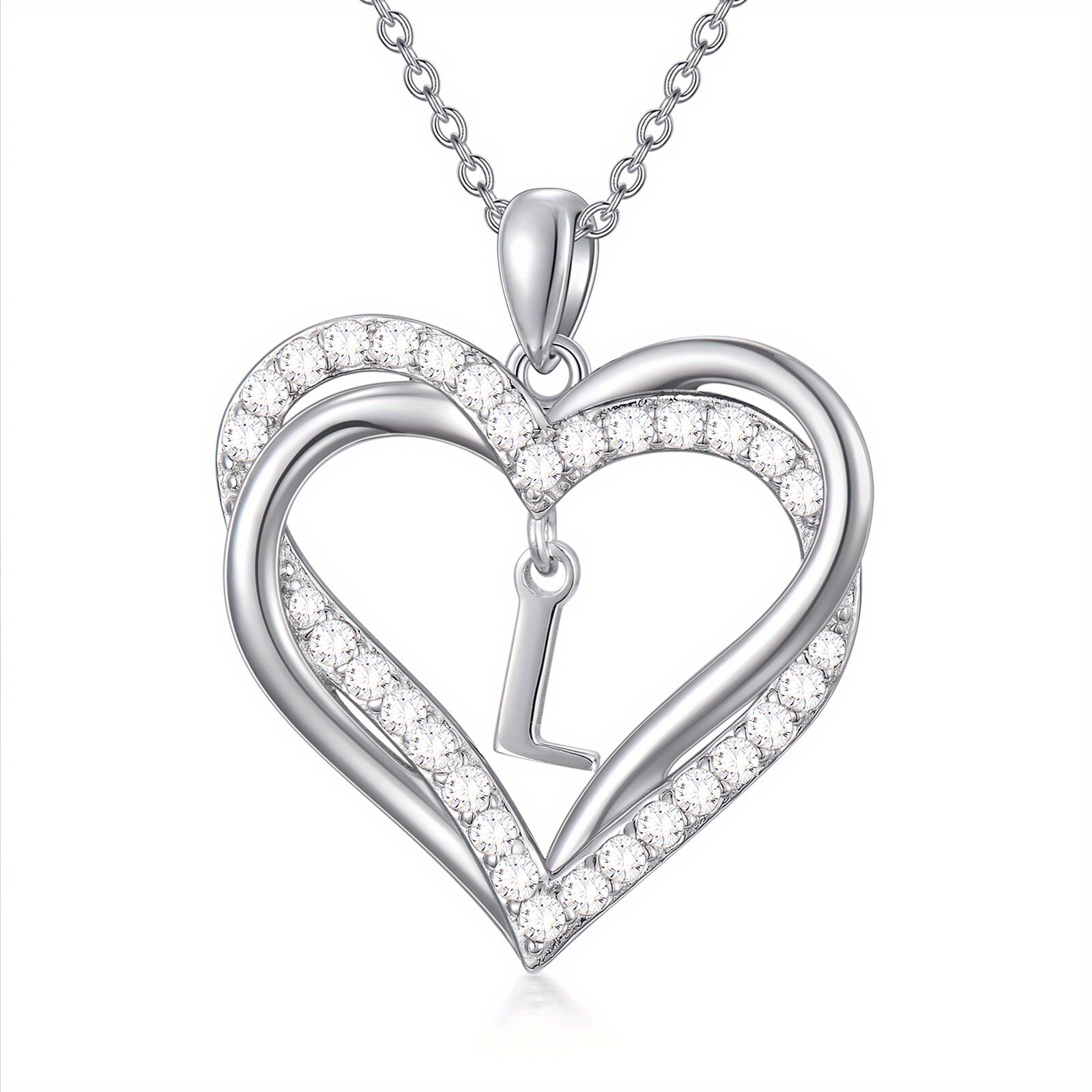 925 Silver Double Heart Initial Necklace Women