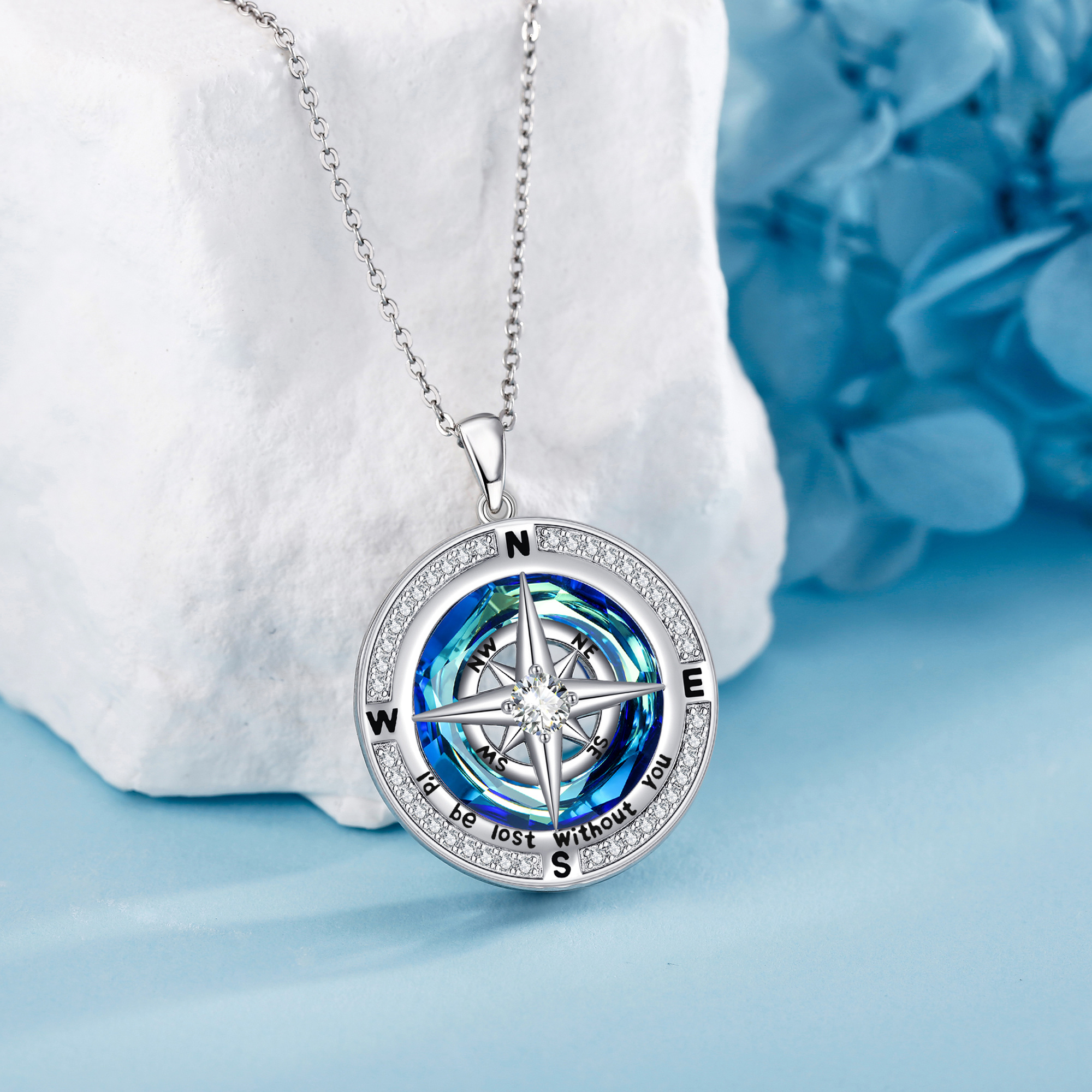 925 Sterling Silver Compass Necklace with Synthetic Zirconia