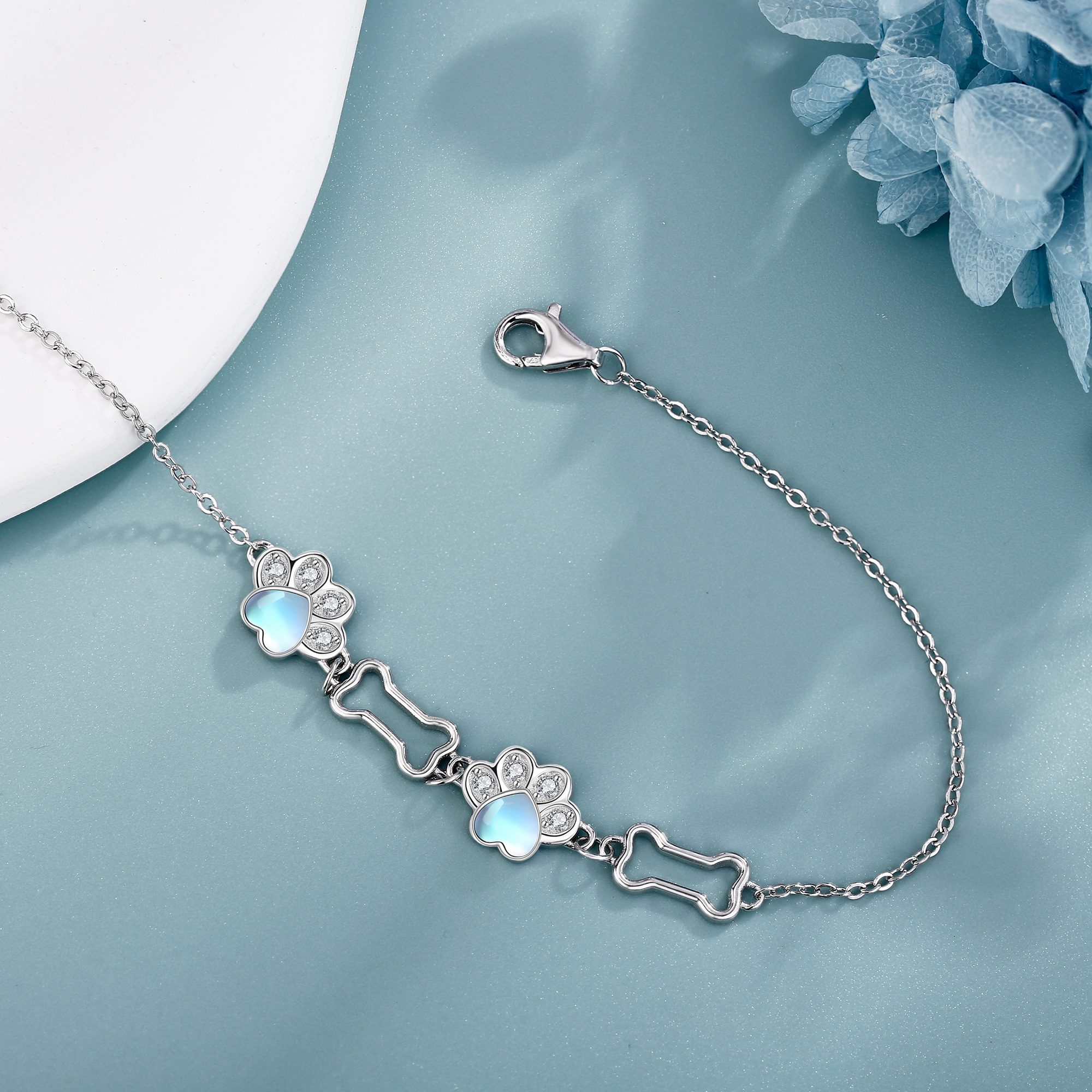 925 Silver Moonstone Paw Print Bracelet