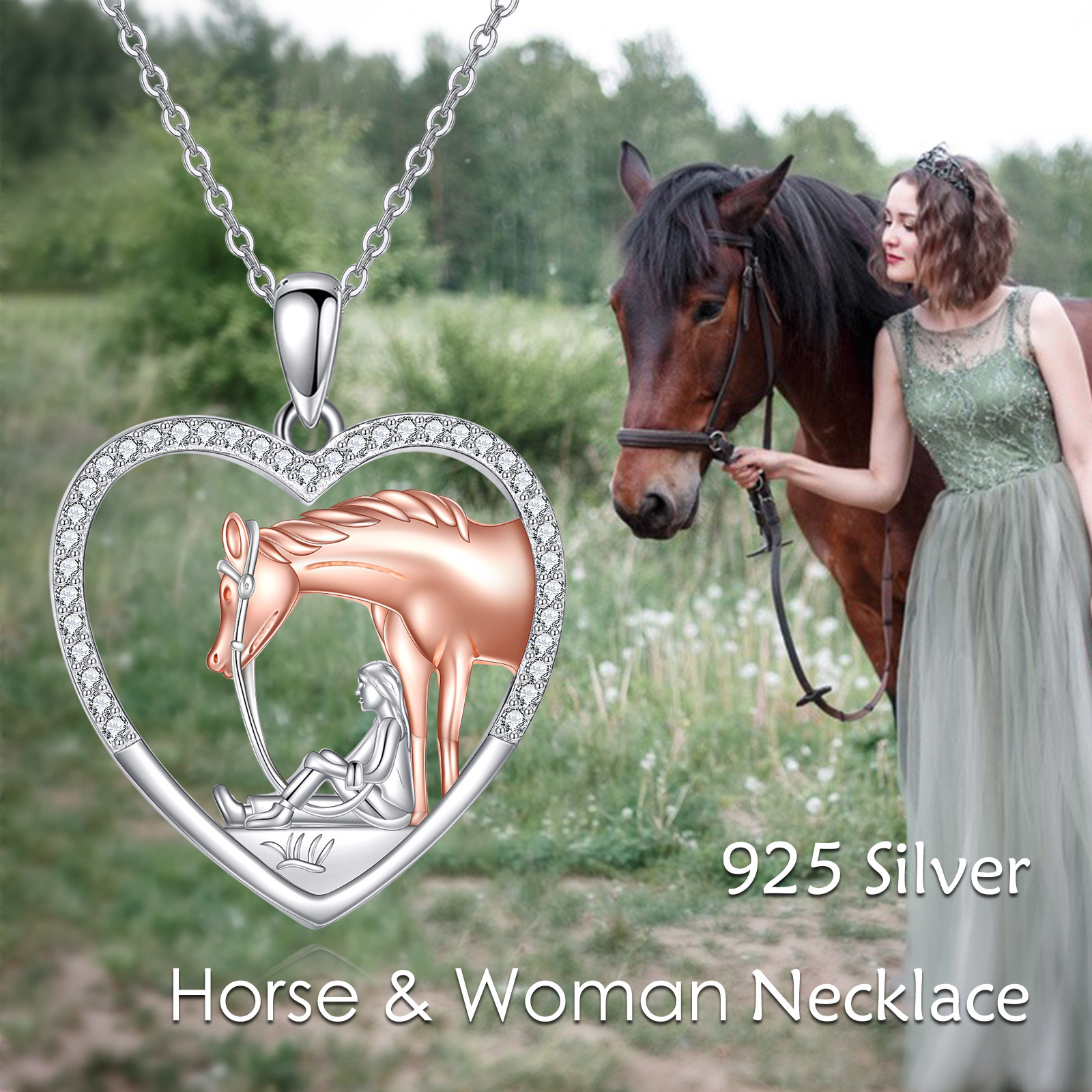 Image of 925 Horse Necklace Pure Silvery Horse Pendant Necklace Animal Heart Jewelry Ladies Gift