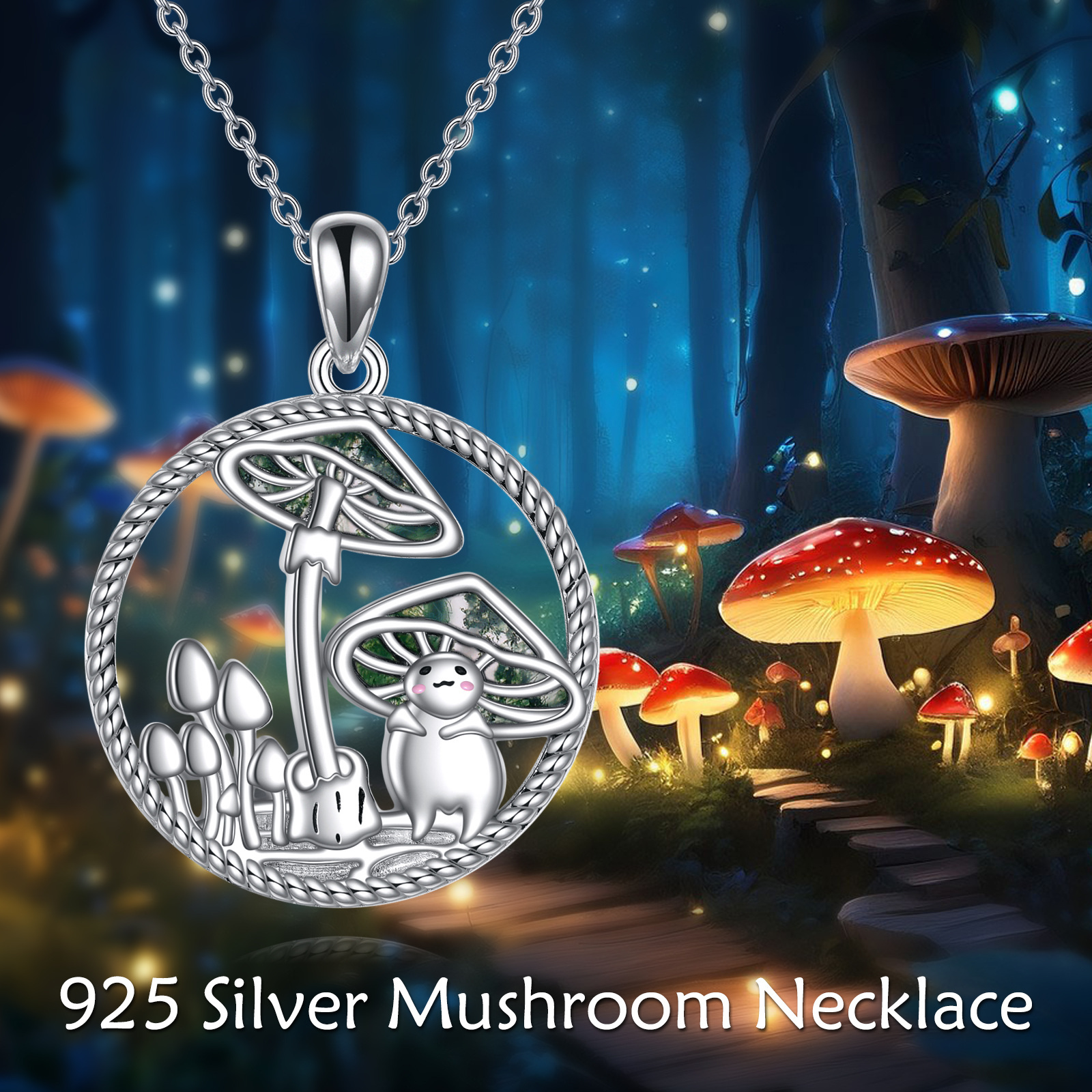 Women's Mushroom Green Moss Agate Pendant Necklace — Gift