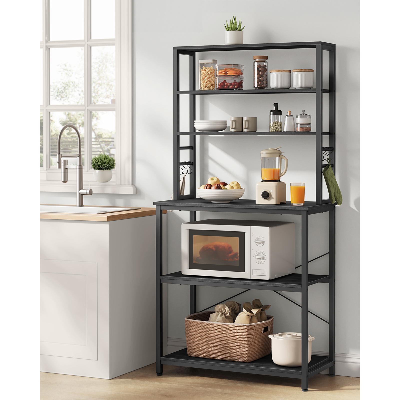 E-shop Küchenregal, Kaffeebar, Bäckerregal, Insgesamt 6 Ablageflächen und 6 Haken, für Mikrowelle, Stahlrahmen, Industrielles Design, 40 x 80 x 167 cm