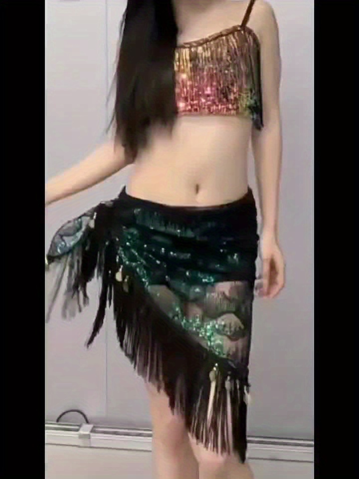 Women's Belly Dance Hip Scarf Sequined Mesh Triangle Wrap Skirt