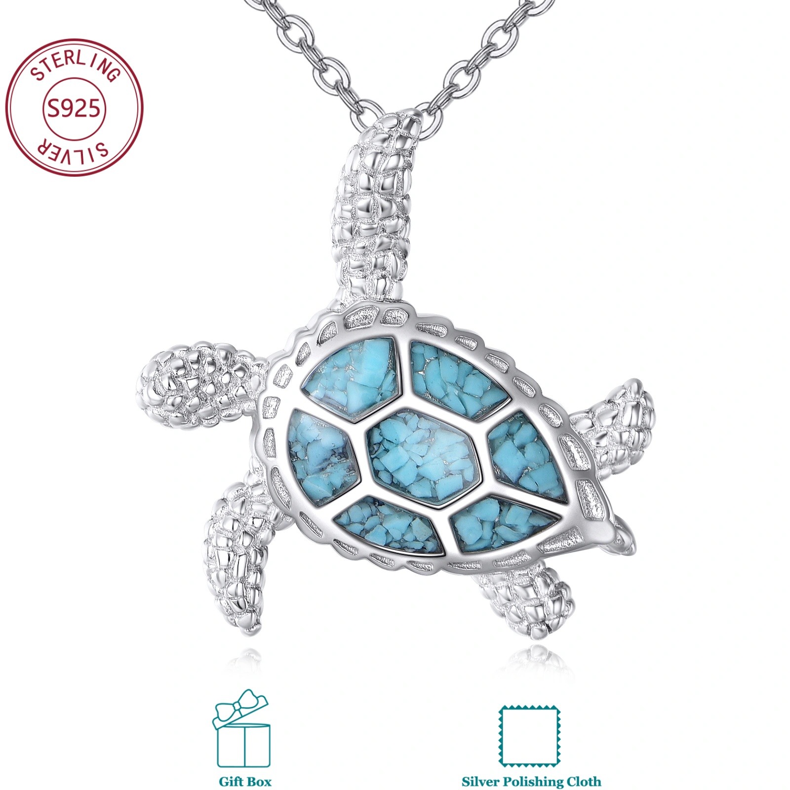 Image of 925 Sterling Silver Synthetic Turquoise Sea Turtle Necklace For Daily Wear, Birthday Gift, Christmas Gift, For