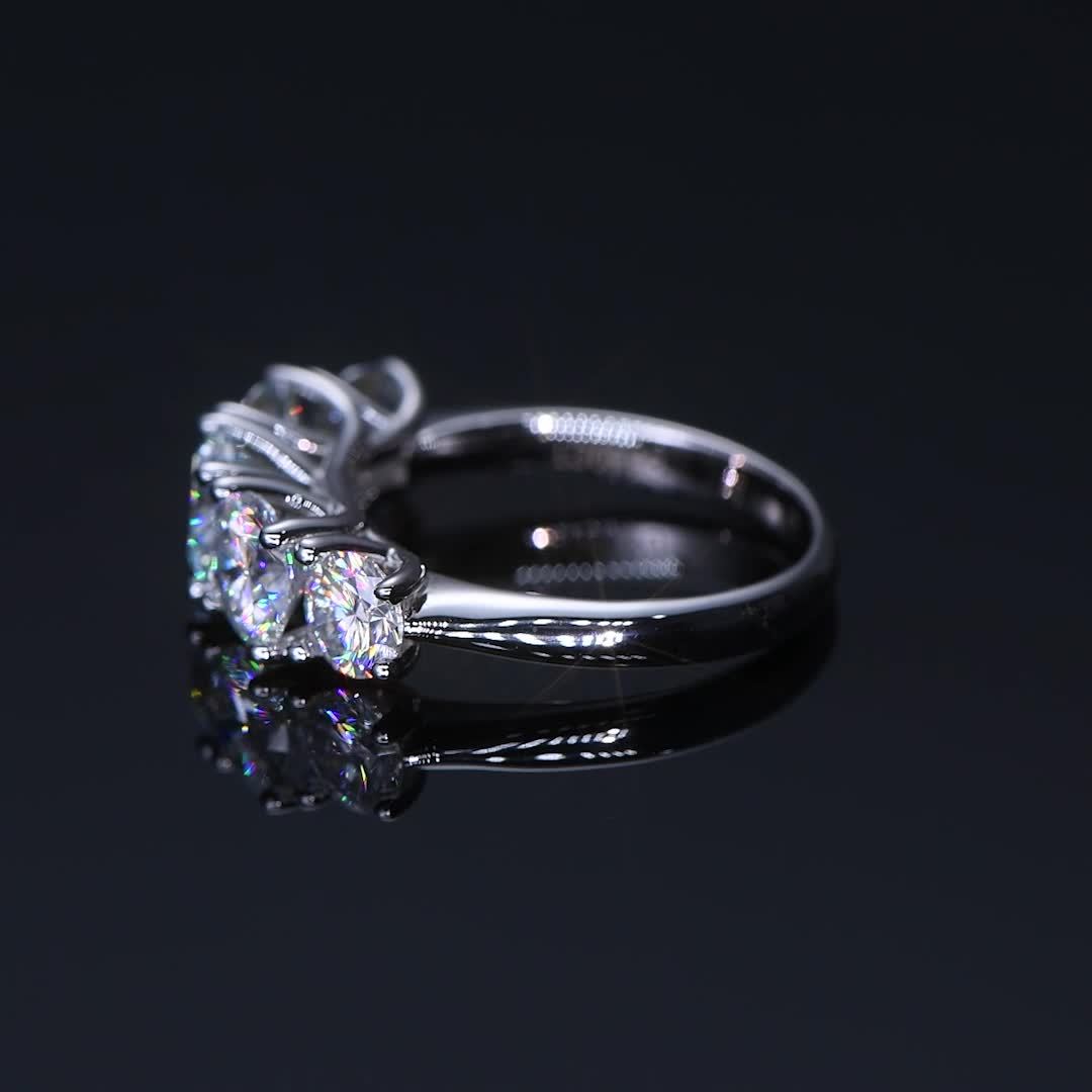 Moissanite 5 Stone 925 Silver Ring, 6.5mm Round Moissanite