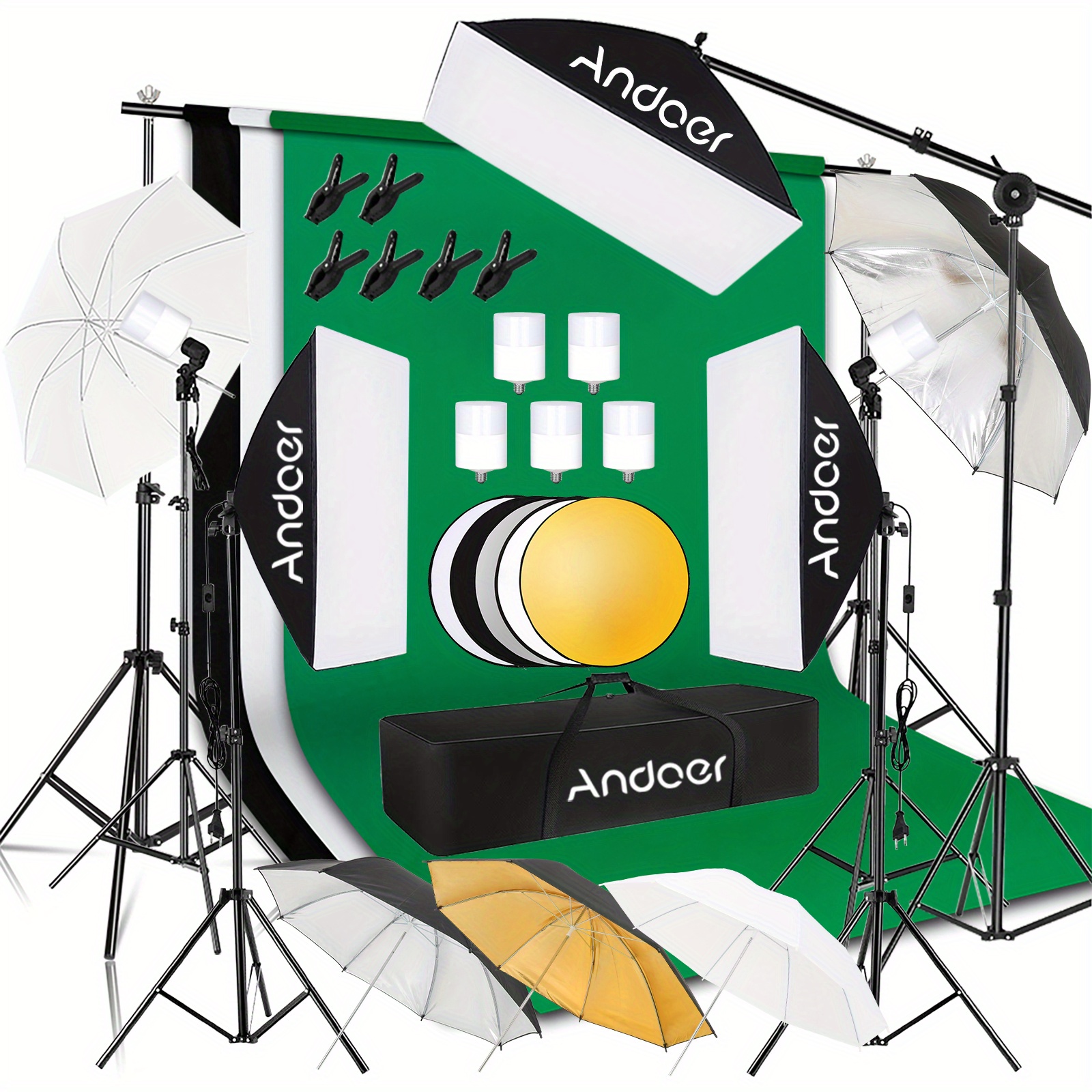 

Lixada Professional Studio Photography Softbox Light Kit Including 50*70cm Softboxes/ Photography Umbrella/ 40w Light Bulbs/ 2m Light Stand/ Backdrop Stand/backdrops (white/black/green)/