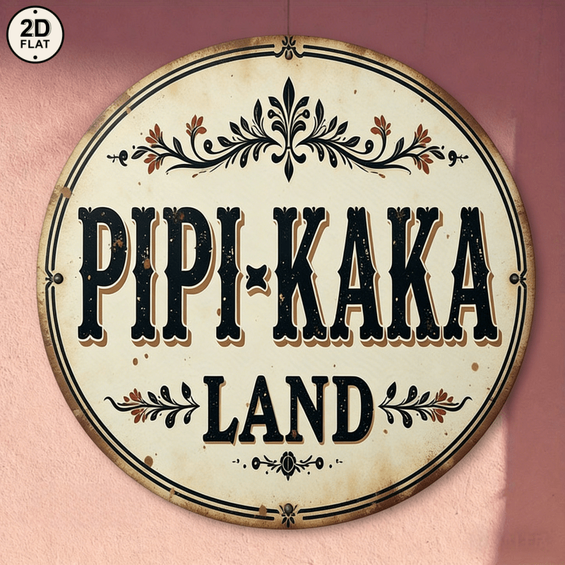 Image of 2d Flat - Vintage Rustic Pipi Kaka Land Metal Round Tin Sign With Floral Ornament And For Home Decor, Kitchen Wall Interior Design [[2d Flat]]