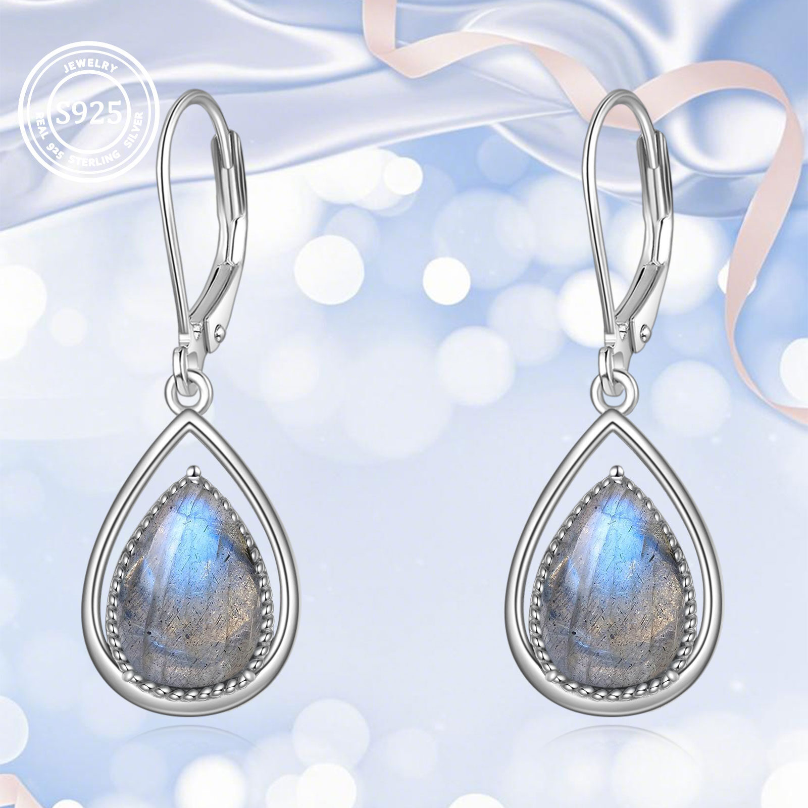 Women's 925 Sterling Silver Labradorite Teardrop Dangle Earrings, Gift for Her