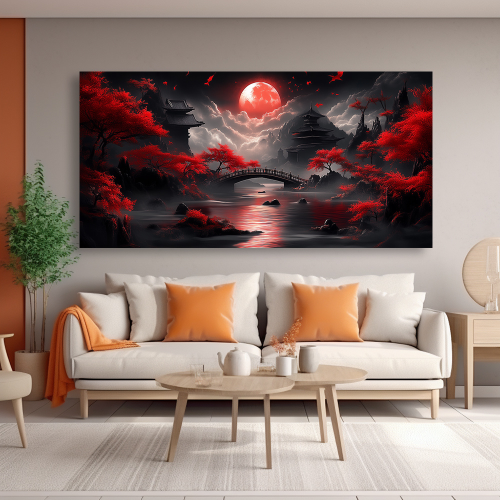 2D Flat, 2D Flat, Framed Canvas Artwork Featuring a Red Moon And Pagoda, 1.5-Inch Frame, Ideal for Decorating Bathrooms, Living Rooms, Kitchens, Bedrooms, And Offices with High-Quality Modern Prints - Image 2