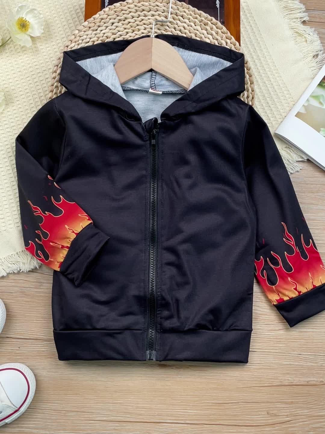 Toddler Boys Flame Print Zipper Hooded Jacket Long Sleeve Zip Yp