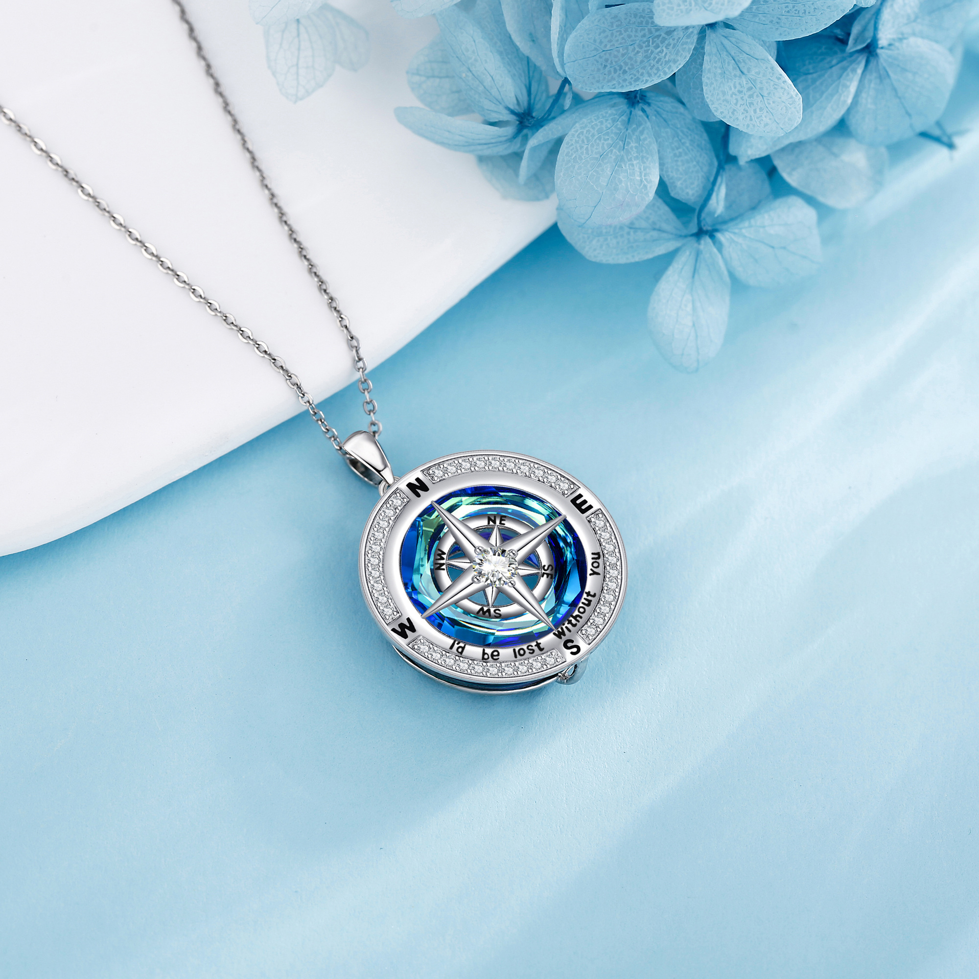 925 Sterling Silver Compass Necklace with Synthetic Zirconia