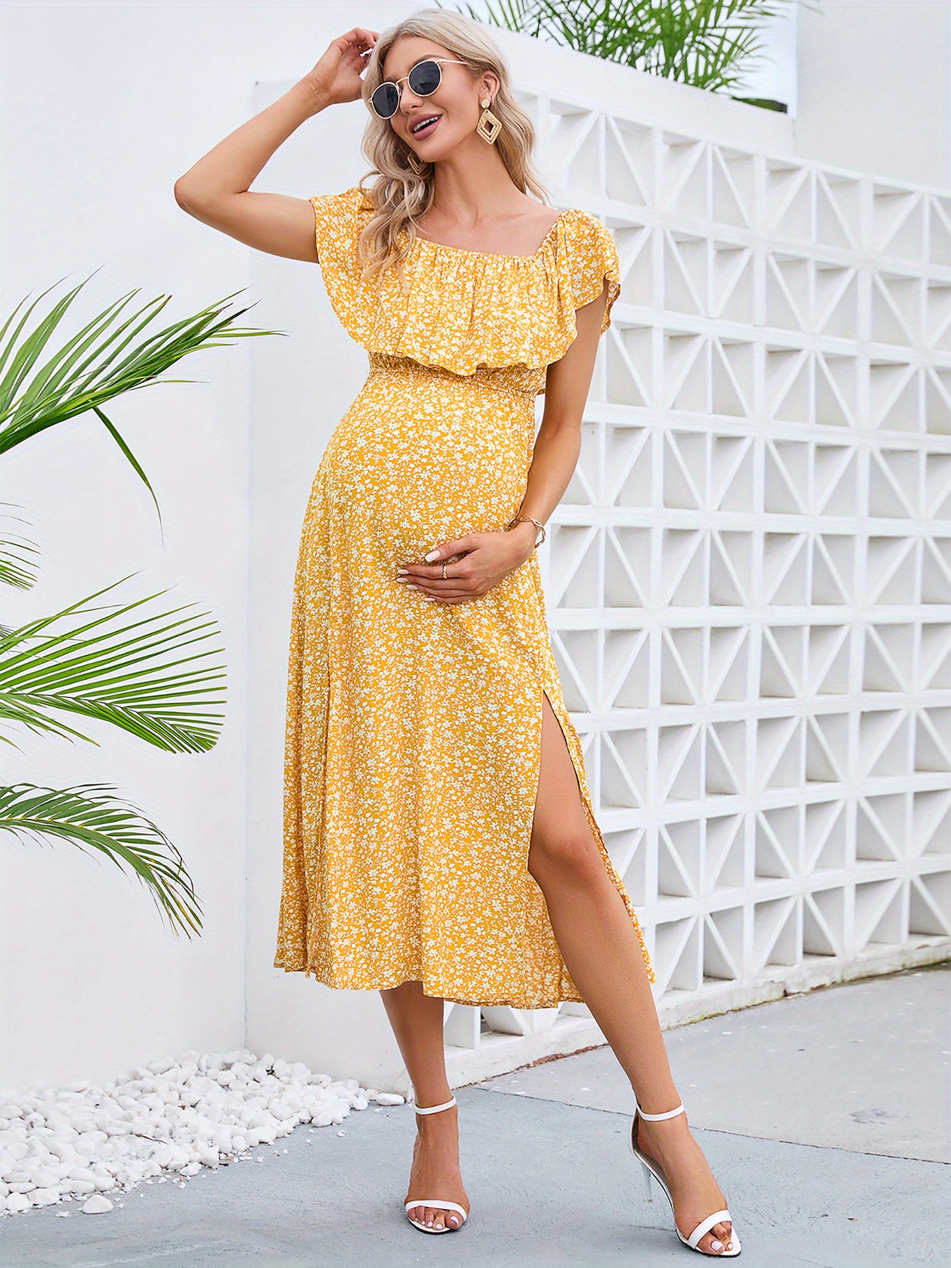 slim fit dress slacks Momyknows One Shoulder Backless Side Slit Satin Evening Babyshower Maternity Maxi Dress Champagne / S