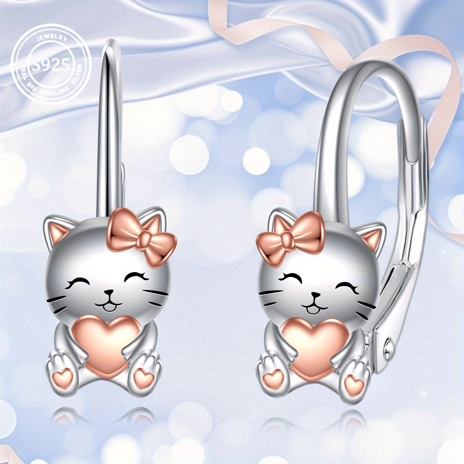 925 Sterling Silver Cat Earrings Leverback Jewelry For Women (cat)