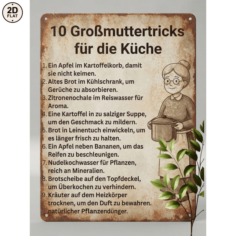 TEMU 2D-Flach, . Metallschild. 10 Omas Küchentricks -Tricks für Zuhause, Büro, Bar, Außendekoration 20x30cm 2D-FLACH, 2D-Flach