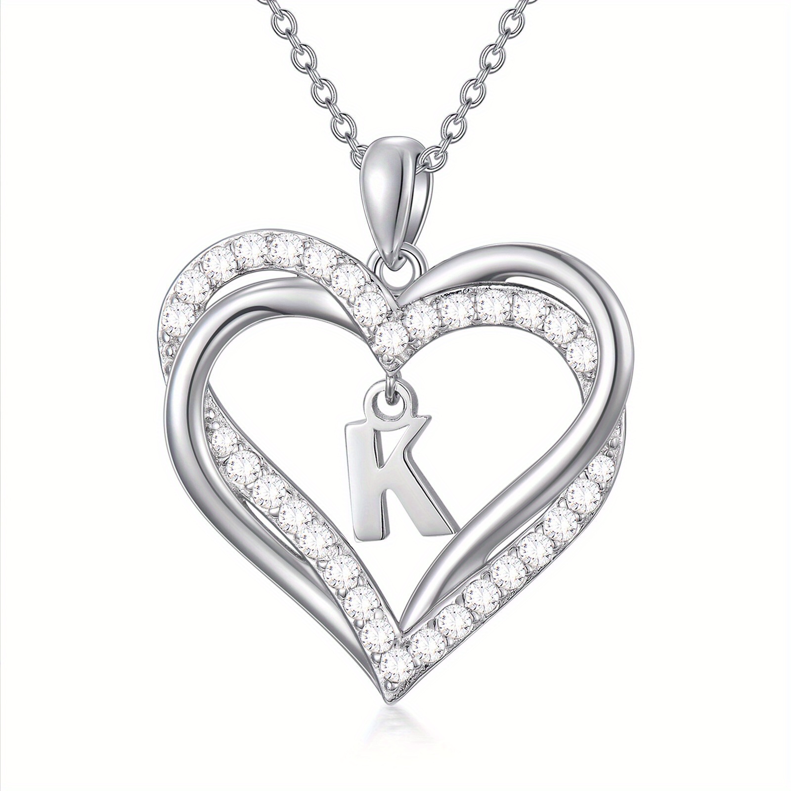 925 Silver Double Heart Initial Necklace Women
