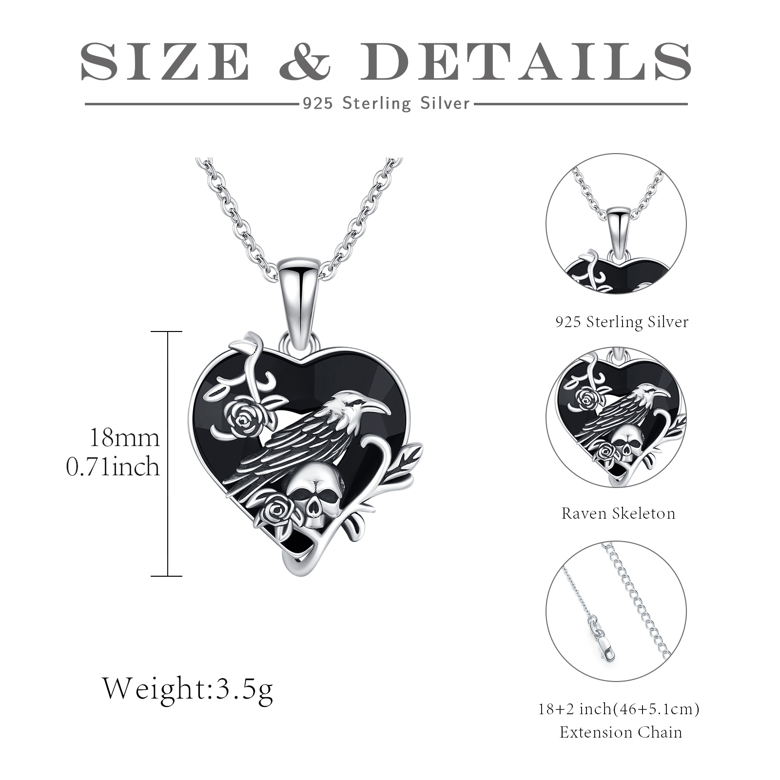 925 Sterling Silver Raven Skull Pendant Necklace, Gothic Gift